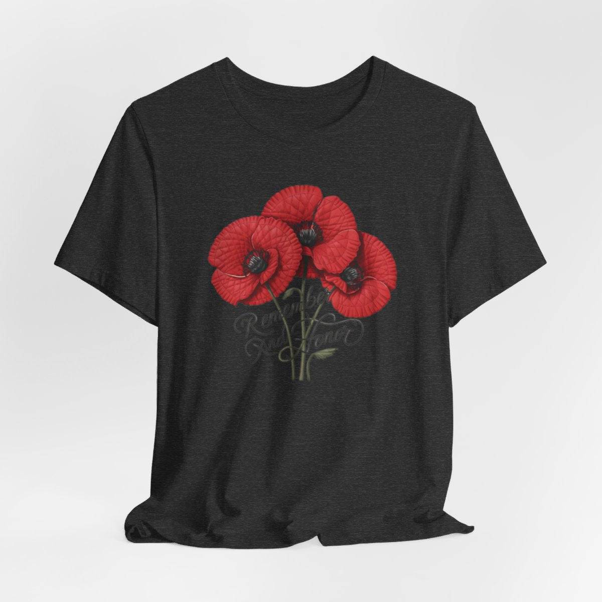 Three vivid red poppies with detailed petals and dark centers. Elegant script below reads "Remember and Honor". Memorial Day themed floral illustration combines symbolic flowers with patriotic sentiment. Perfect for honoring fallen service members and veterans.