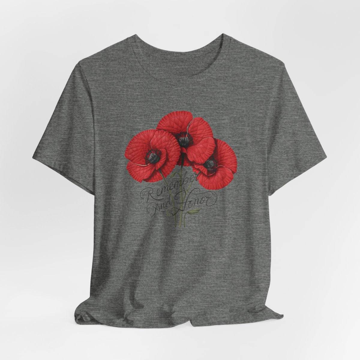 Three vivid red poppies with detailed petals and dark centers. Elegant script below reads "Remember and Honor". Memorial Day themed floral illustration combines symbolic flowers with patriotic sentiment. Perfect for honoring fallen service members and veterans.