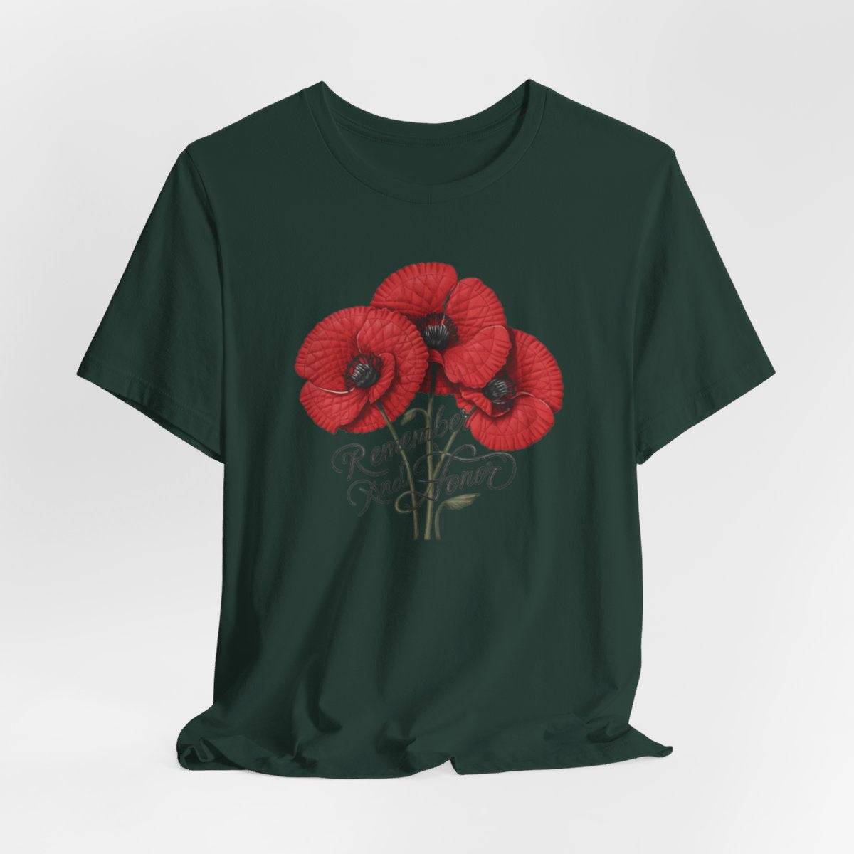 Three vivid red poppies with detailed petals and dark centers. Elegant script below reads "Remember and Honor". Memorial Day themed floral illustration combines symbolic flowers with patriotic sentiment. Perfect for honoring fallen service members and veterans.