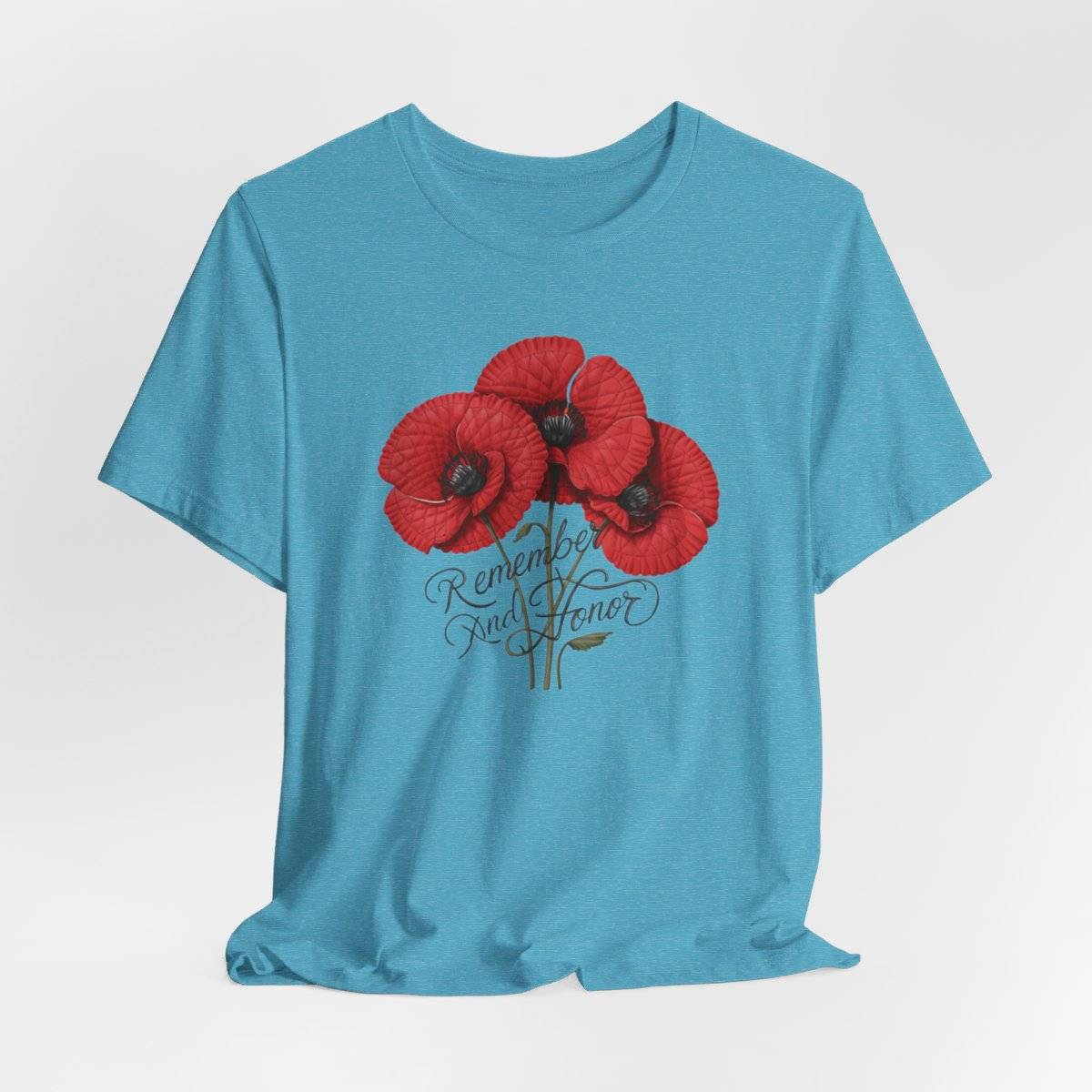 Three vivid red poppies with detailed petals and dark centers. Elegant script below reads "Remember and Honor". Memorial Day themed floral illustration combines symbolic flowers with patriotic sentiment. Perfect for honoring fallen service members and veterans.