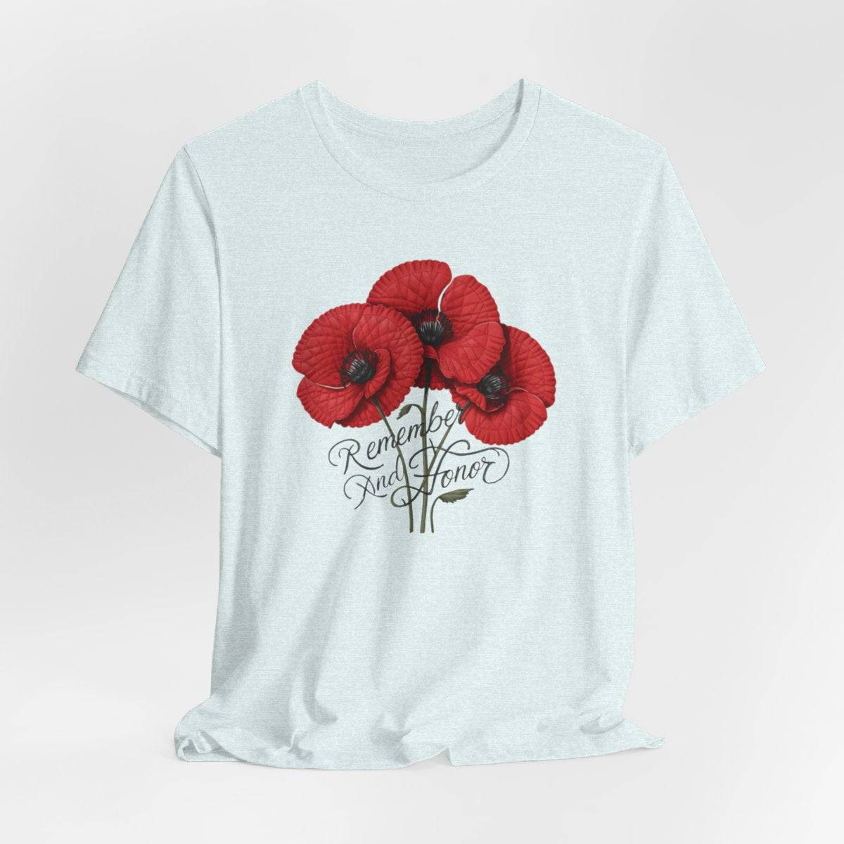Three vivid red poppies with detailed petals and dark centers. Elegant script below reads "Remember and Honor". Memorial Day themed floral illustration combines symbolic flowers with patriotic sentiment. Perfect for honoring fallen service members and veterans.