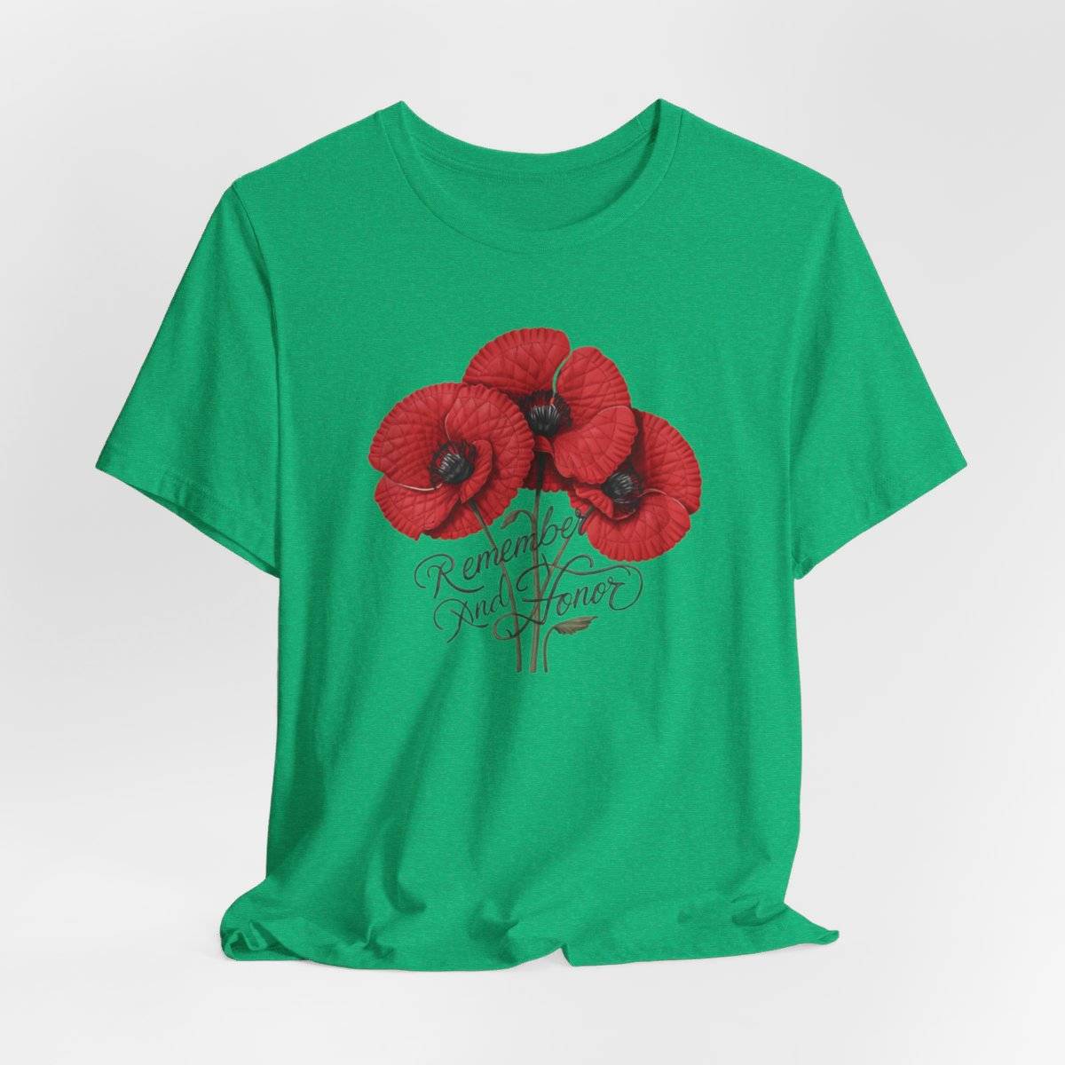 Three vivid red poppies with detailed petals and dark centers. Elegant script below reads "Remember and Honor". Memorial Day themed floral illustration combines symbolic flowers with patriotic sentiment. Perfect for honoring fallen service members and veterans.