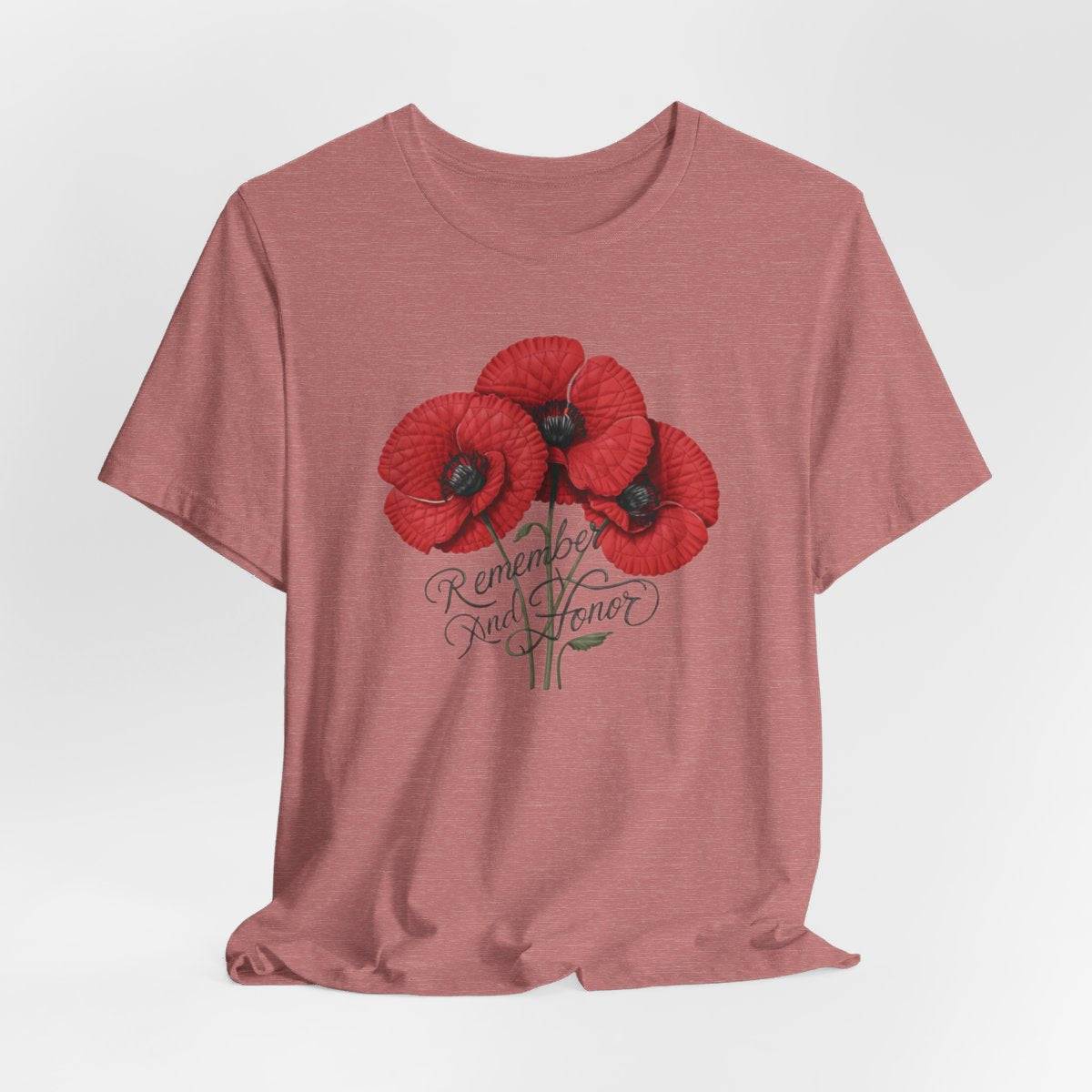 Three vivid red poppies with detailed petals and dark centers. Elegant script below reads "Remember and Honor". Memorial Day themed floral illustration combines symbolic flowers with patriotic sentiment. Perfect for honoring fallen service members and veterans.