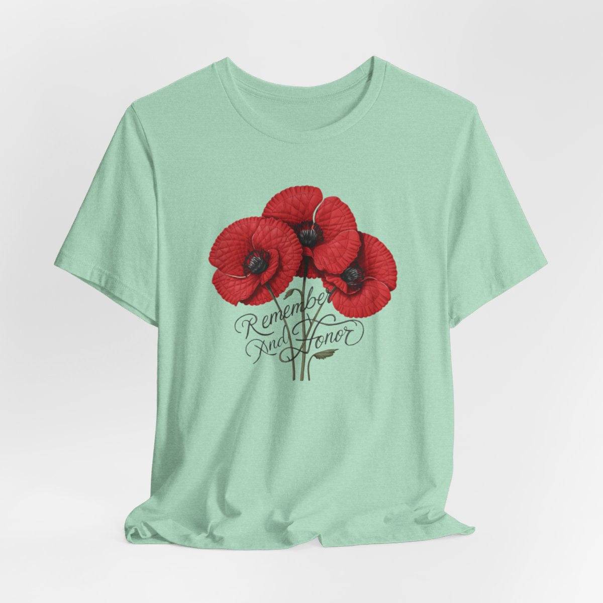 Three vivid red poppies with detailed petals and dark centers. Elegant script below reads "Remember and Honor". Memorial Day themed floral illustration combines symbolic flowers with patriotic sentiment. Perfect for honoring fallen service members and veterans.