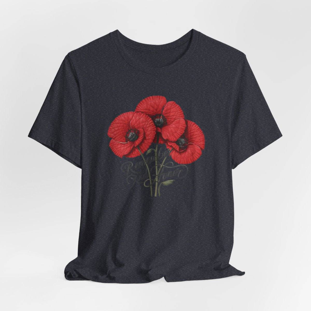 Three vivid red poppies with detailed petals and dark centers. Elegant script below reads "Remember and Honor". Memorial Day themed floral illustration combines symbolic flowers with patriotic sentiment. Perfect for honoring fallen service members and veterans.