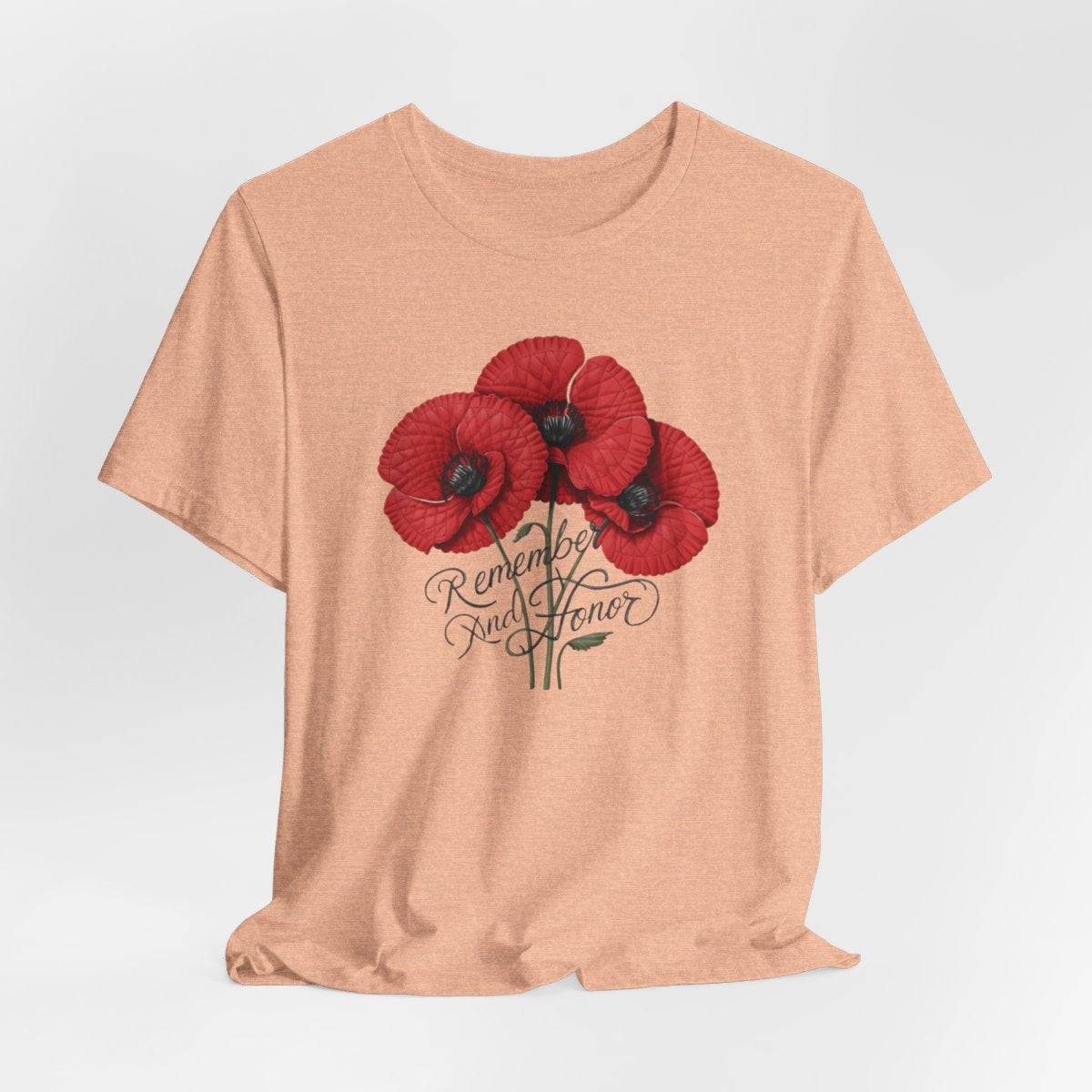Three vivid red poppies with detailed petals and dark centers. Elegant script below reads "Remember and Honor". Memorial Day themed floral illustration combines symbolic flowers with patriotic sentiment. Perfect for honoring fallen service members and veterans.