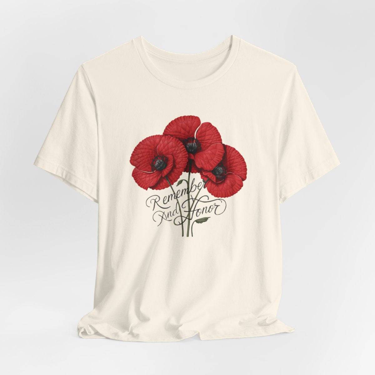 Three vivid red poppies with detailed petals and dark centers. Elegant script below reads "Remember and Honor". Memorial Day themed floral illustration combines symbolic flowers with patriotic sentiment. Perfect for honoring fallen service members and veterans.