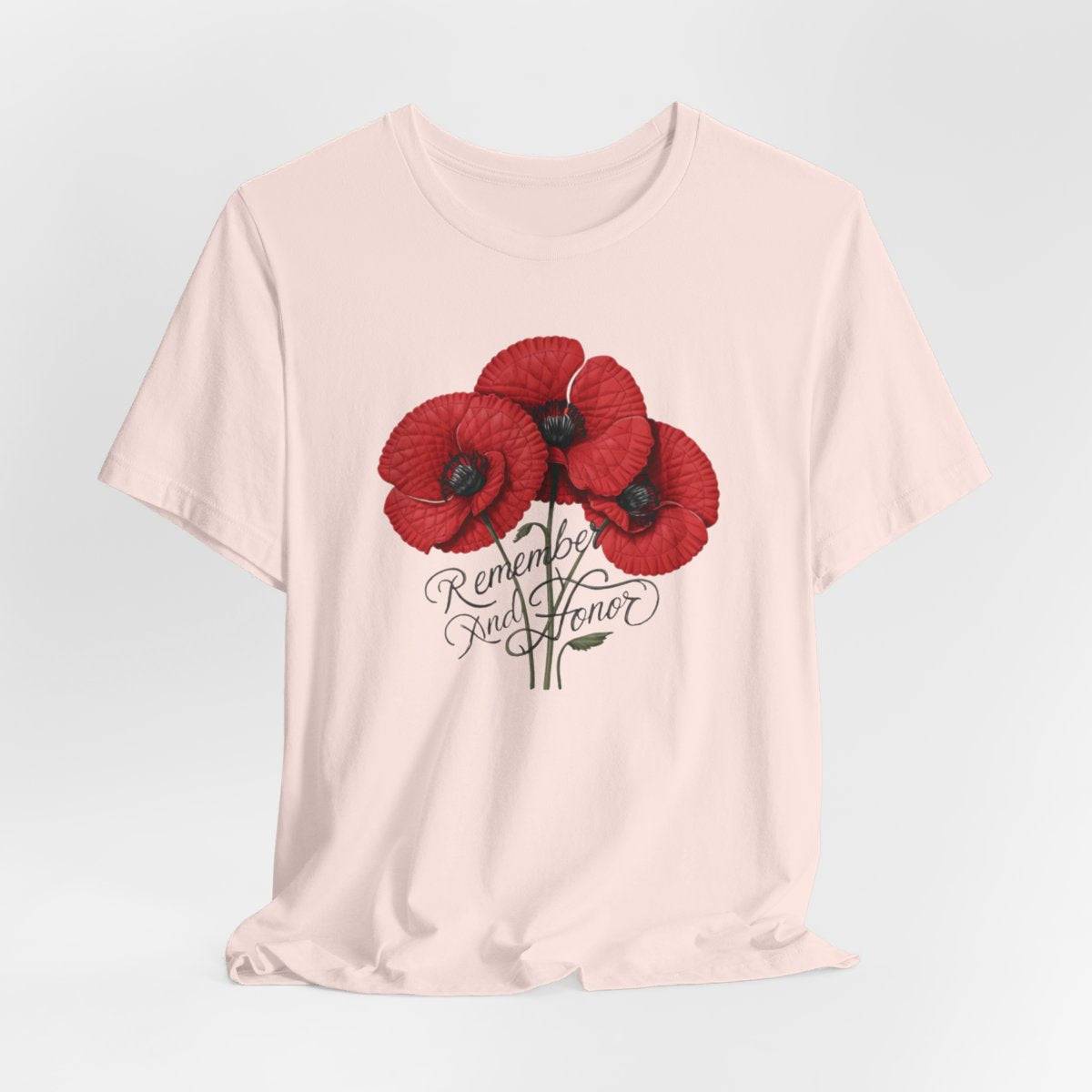 Three vivid red poppies with detailed petals and dark centers. Elegant script below reads "Remember and Honor". Memorial Day themed floral illustration combines symbolic flowers with patriotic sentiment. Perfect for honoring fallen service members and veterans.