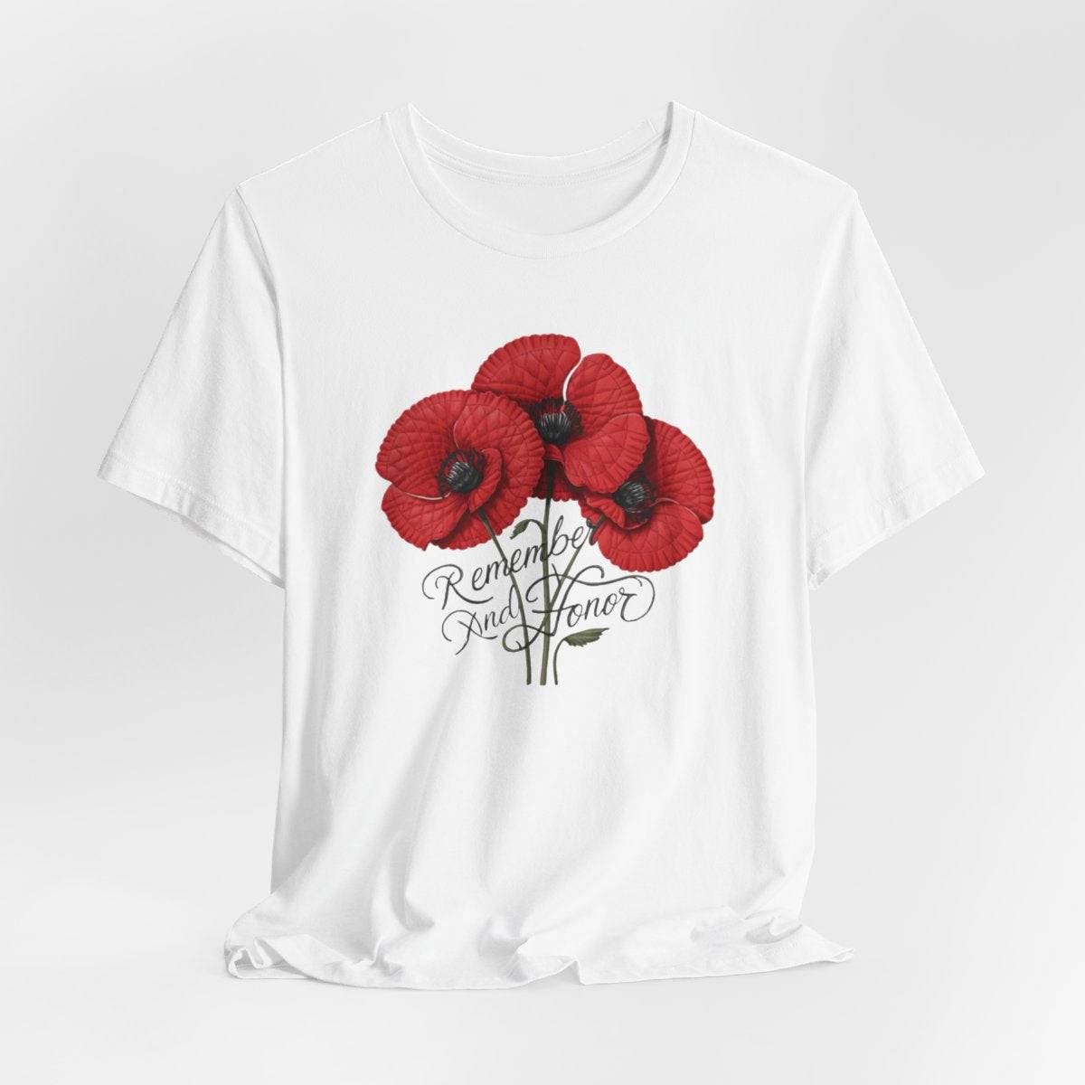 Three vivid red poppies with detailed petals and dark centers. Elegant script below reads "Remember and Honor". Memorial Day themed floral illustration combines symbolic flowers with patriotic sentiment. Perfect for honoring fallen service members and veterans.