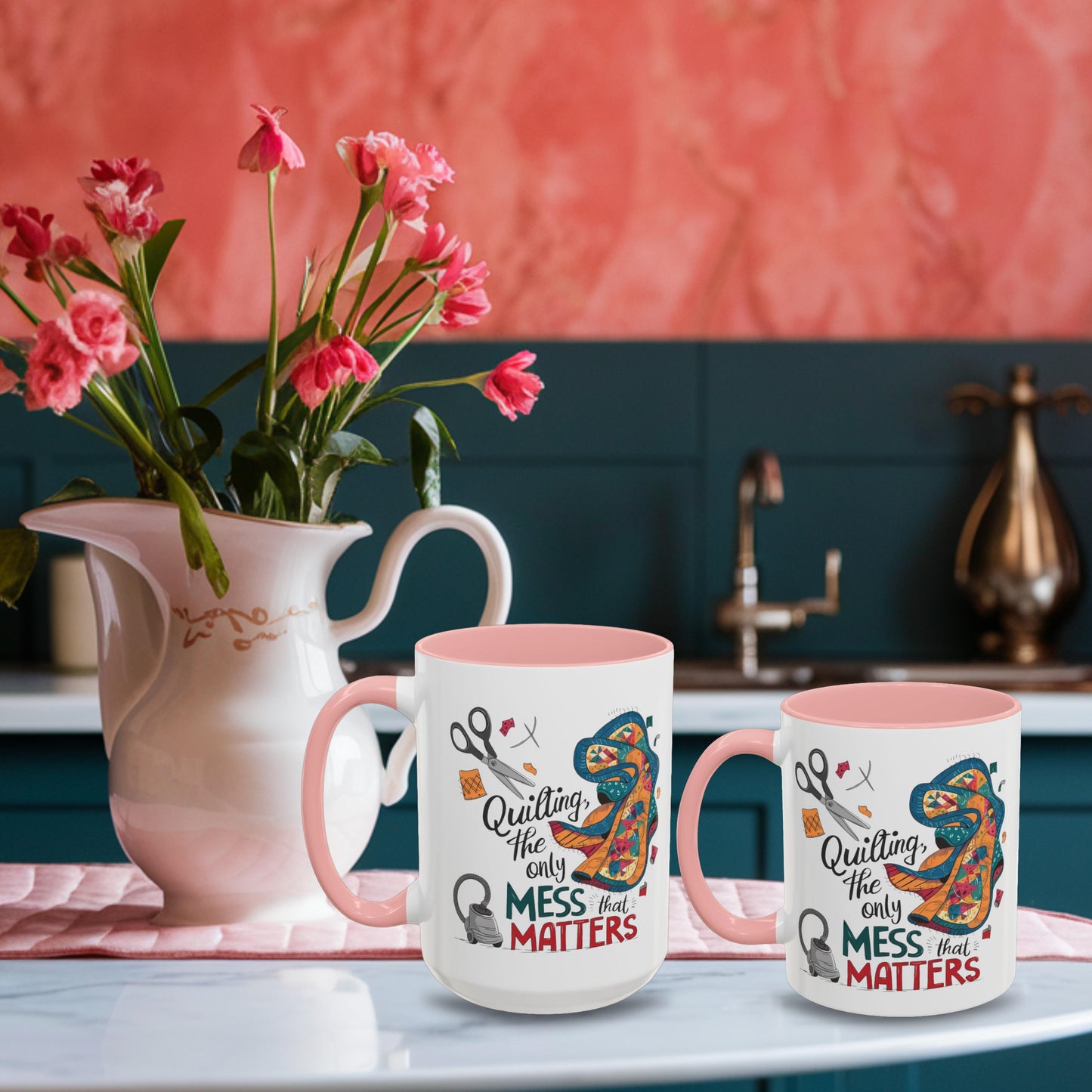 A funny Ceramic Mug with the phrase Quilting, the Only Mess that Matters and illustrations of fabric scraps, scissors, and a vacuum cleaner. Colorful quilt patterns swirl around the text, creating a playful and relatable design for quilting enthusiasts.