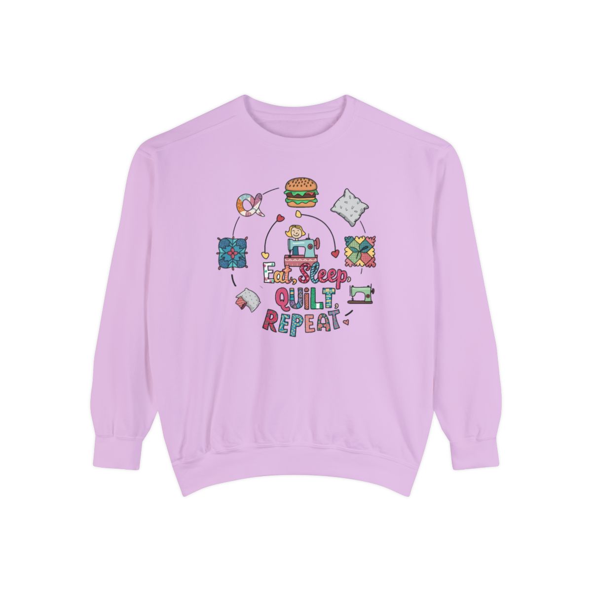 An Orchid funny Sweatshirt with the phrase Eat, Sleep, Quilt, Repeat  showing the cycle of a quilter's day with eating, sleeping, and quilting