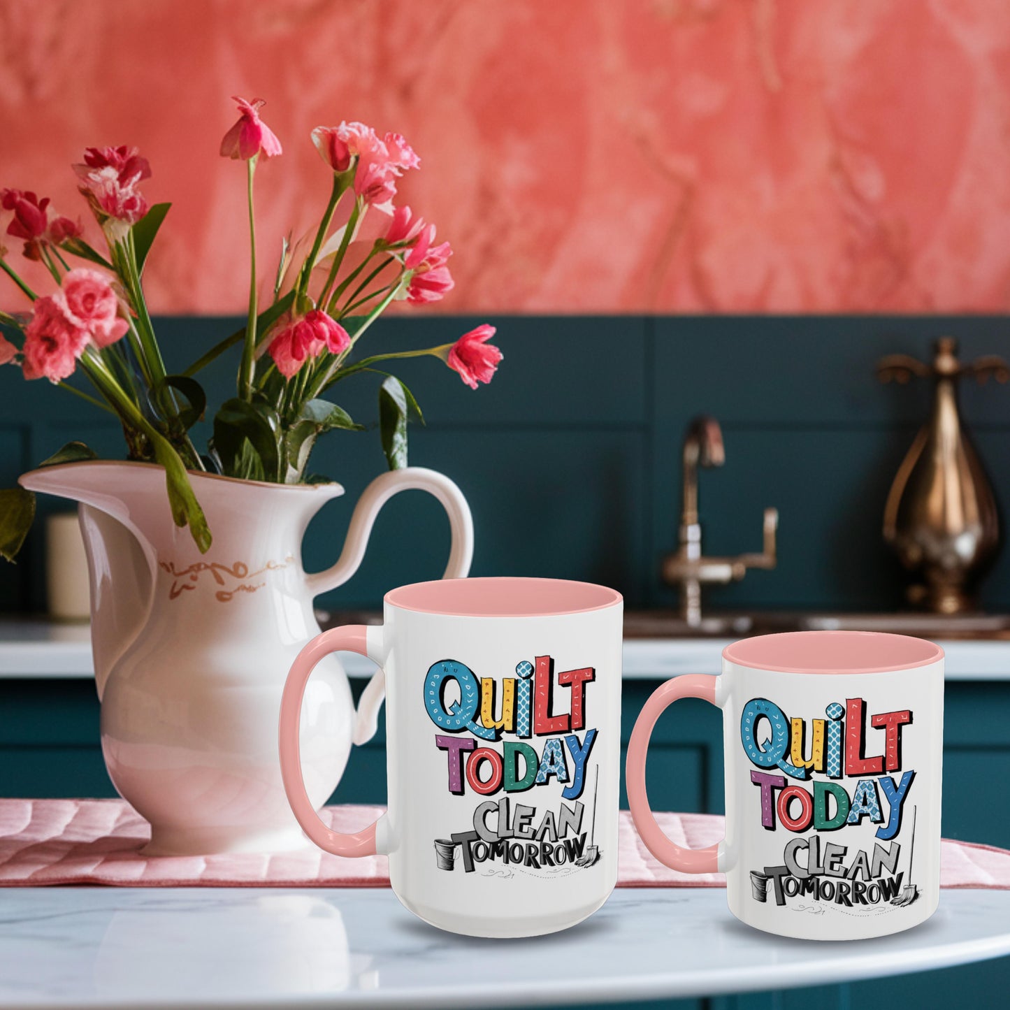 A funny Ceramic Mug with the phrase Quilt Today, Clean Tomorrow in a bold and cheerful font with a broom off to the side