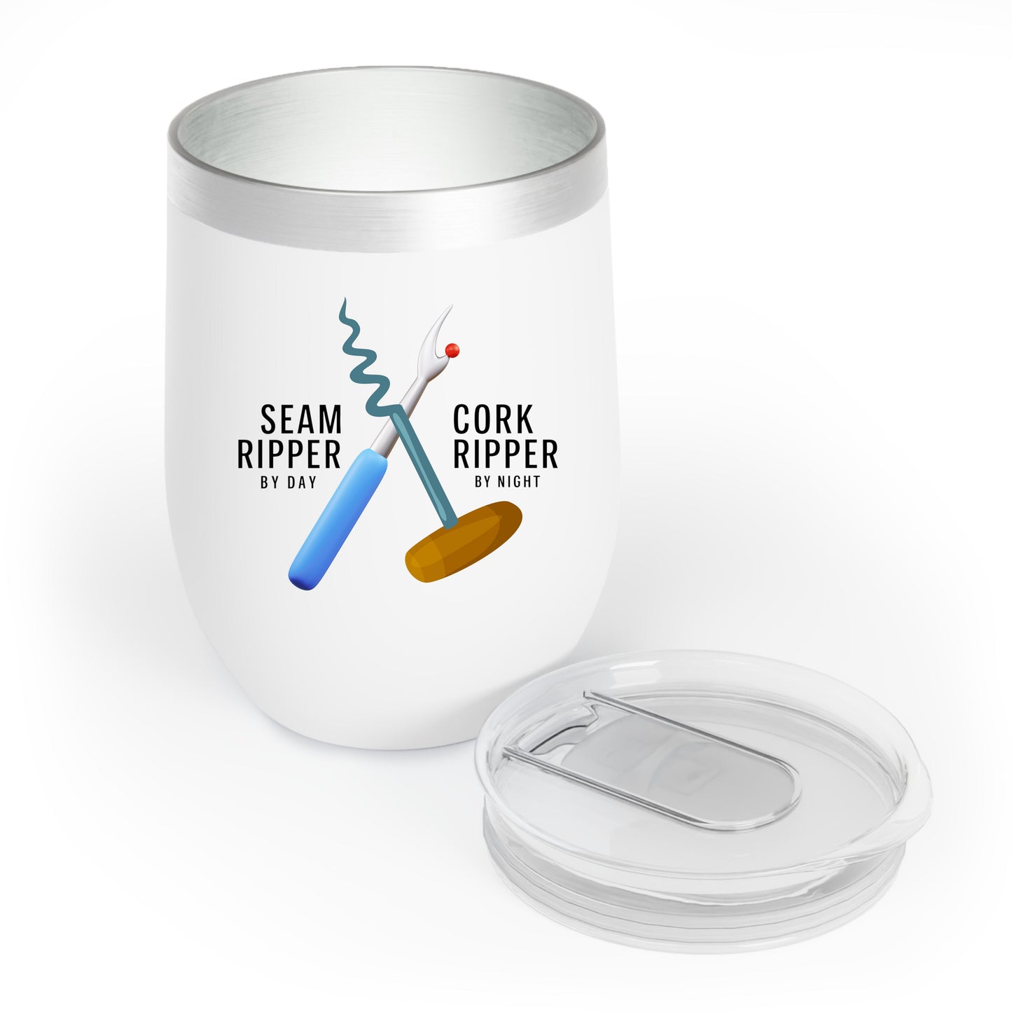 A funny quilting-inspired wine tumbler with the phrase Seam Ripper by Day, Cork Ripper by Night.  The perfect gift for quilters.