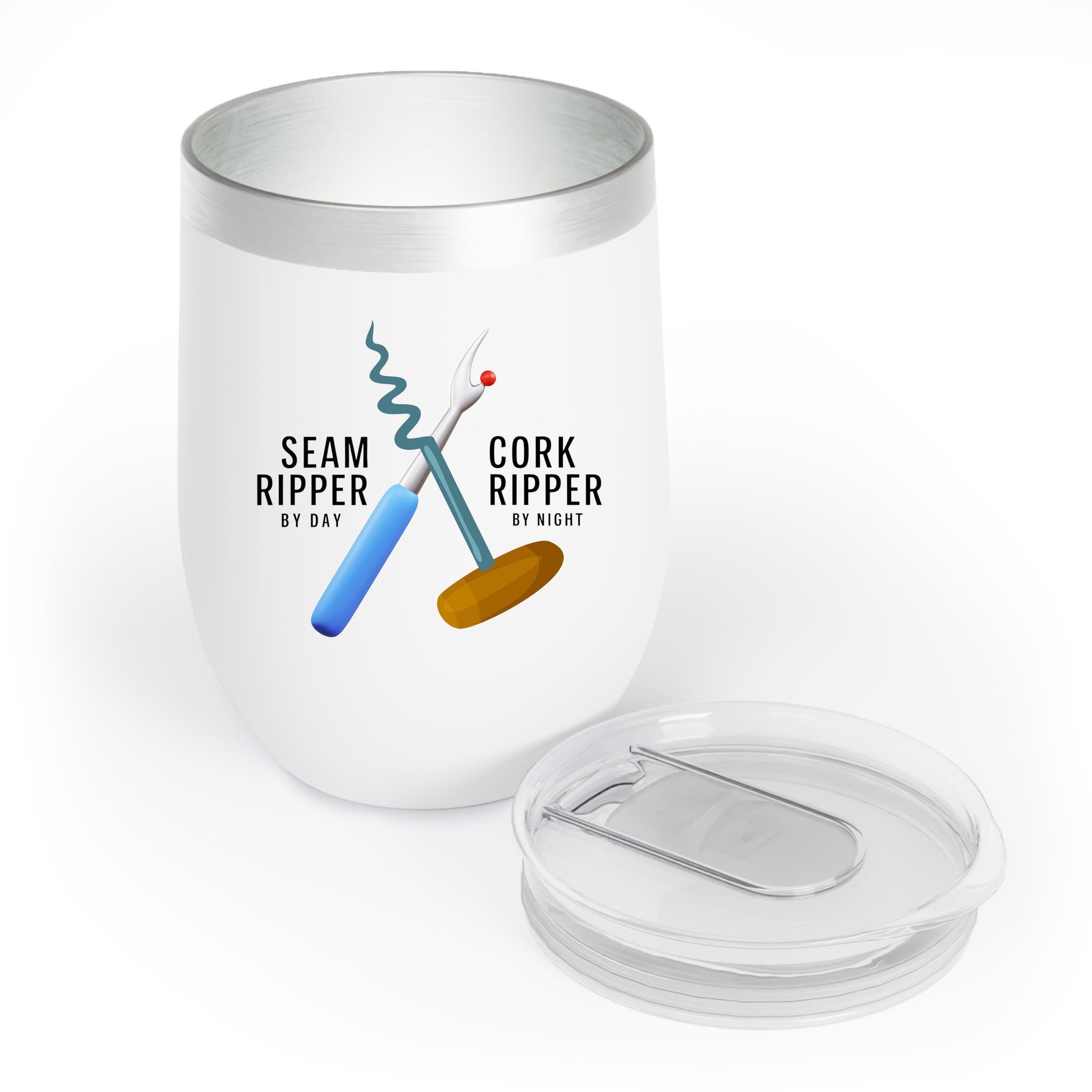 A funny quilting-inspired wine tumbler with the phrase Seam Ripper by Day, Cork Ripper by Night.  The perfect gift for quilters.