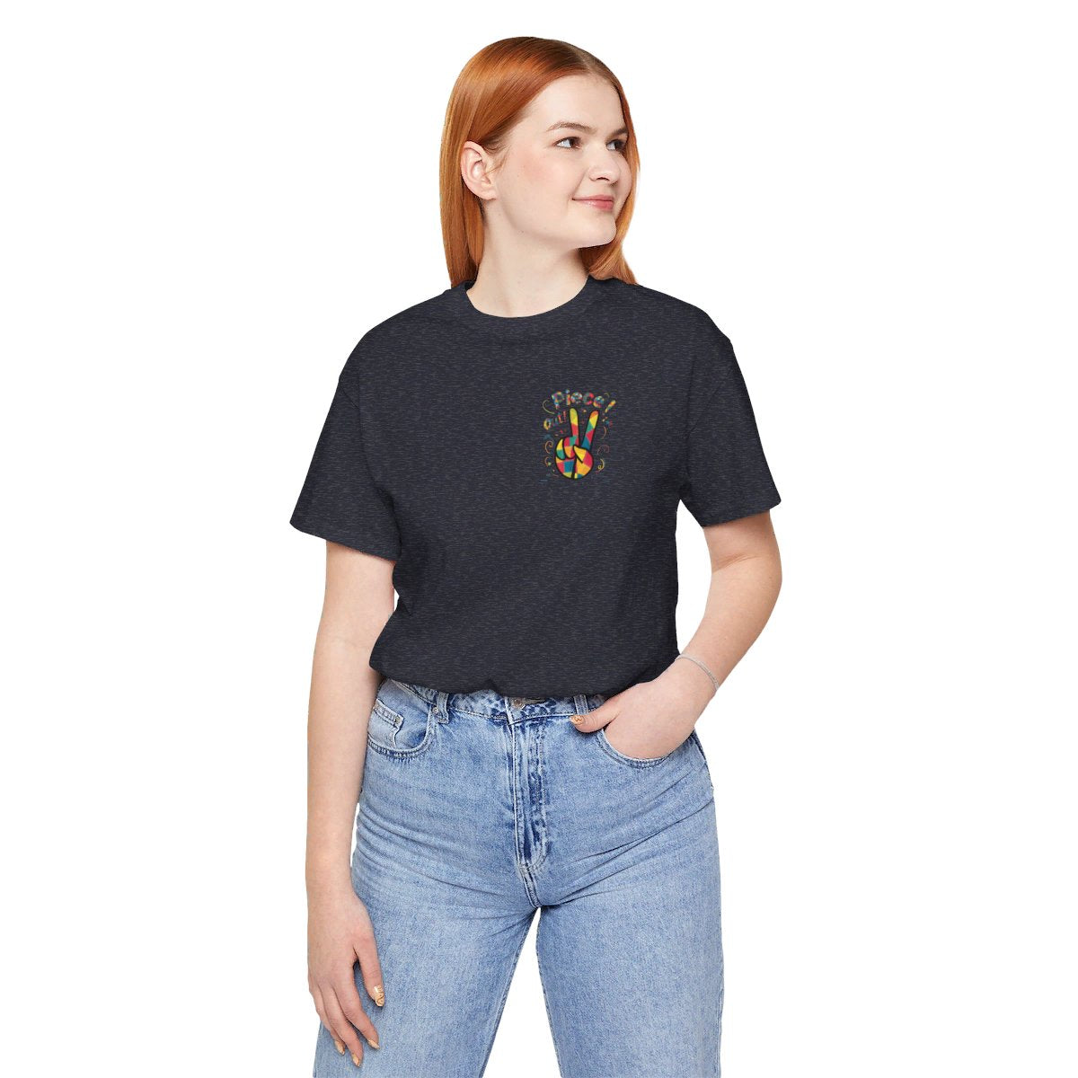 A Heather Navy funny quilting t-shirt design featuring a patchwork peace sign hand gesture. The phrase "piece out!" is displayed in quilted-style lettering above the hand. Vibrant colors and quilt-like stitching patterns fill the peace sign, surrounded by playful swirls and star shapes, embodying the joyful spirit of quilting.