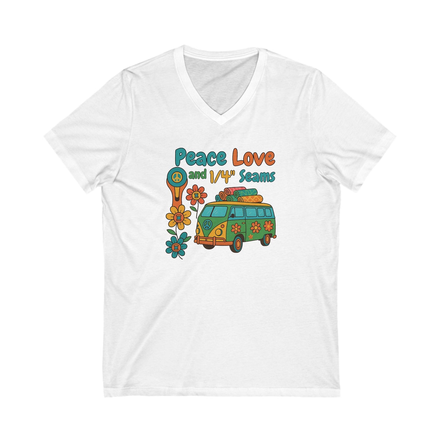 Peace Love and 1/4" Seams V-Neck T-Shirt – Retro Quilting Tee for Groovy Stitchers