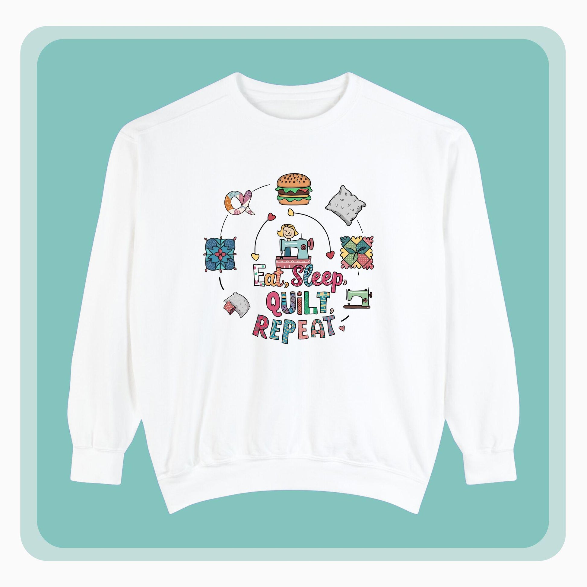 A funny Sweatshirt with the phrase Eat, Sleep, Quilt, Repeat  showing the cycle of a quilter's day with eating, sleeping, and quilting