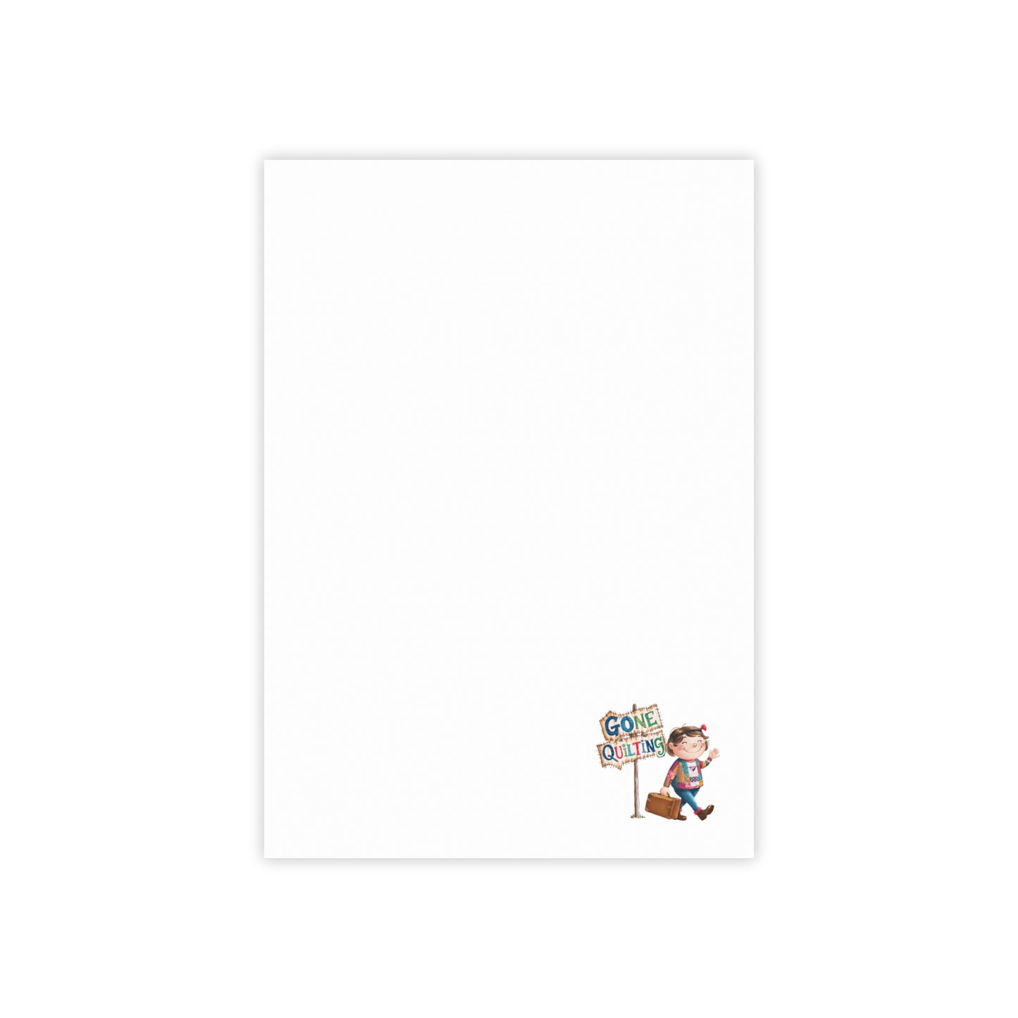 Unique and fun quilting notepads for quilters featuring 'Gone Quilting: Whimsical 3M Post-it Notes for Quilters'. Ideal for showing off quilting passion.