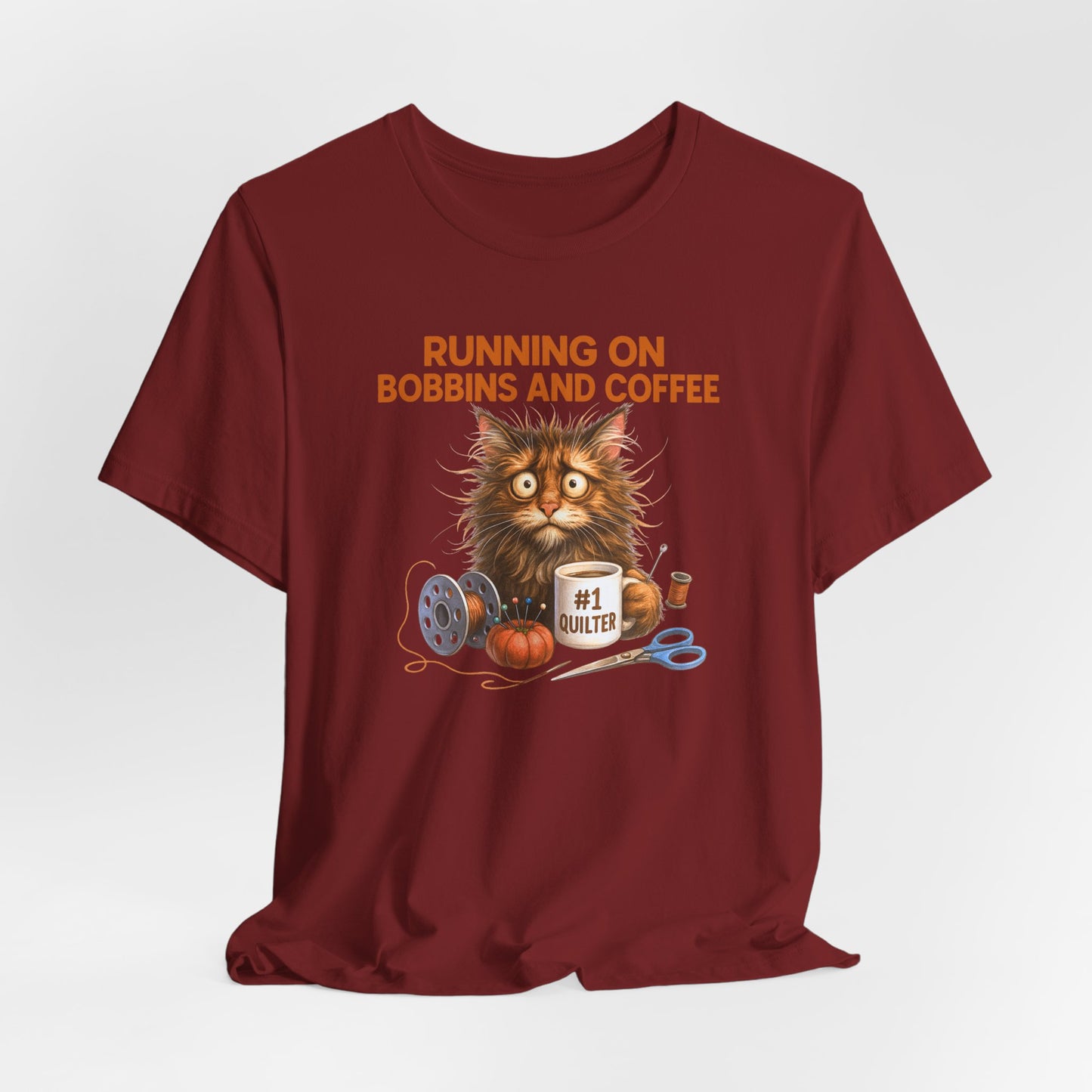 Running on Bobbins and Coffee Quilting Cat T-Shirt | Funny Quilter Gift | Cute Cat Lover Sewing Tee
