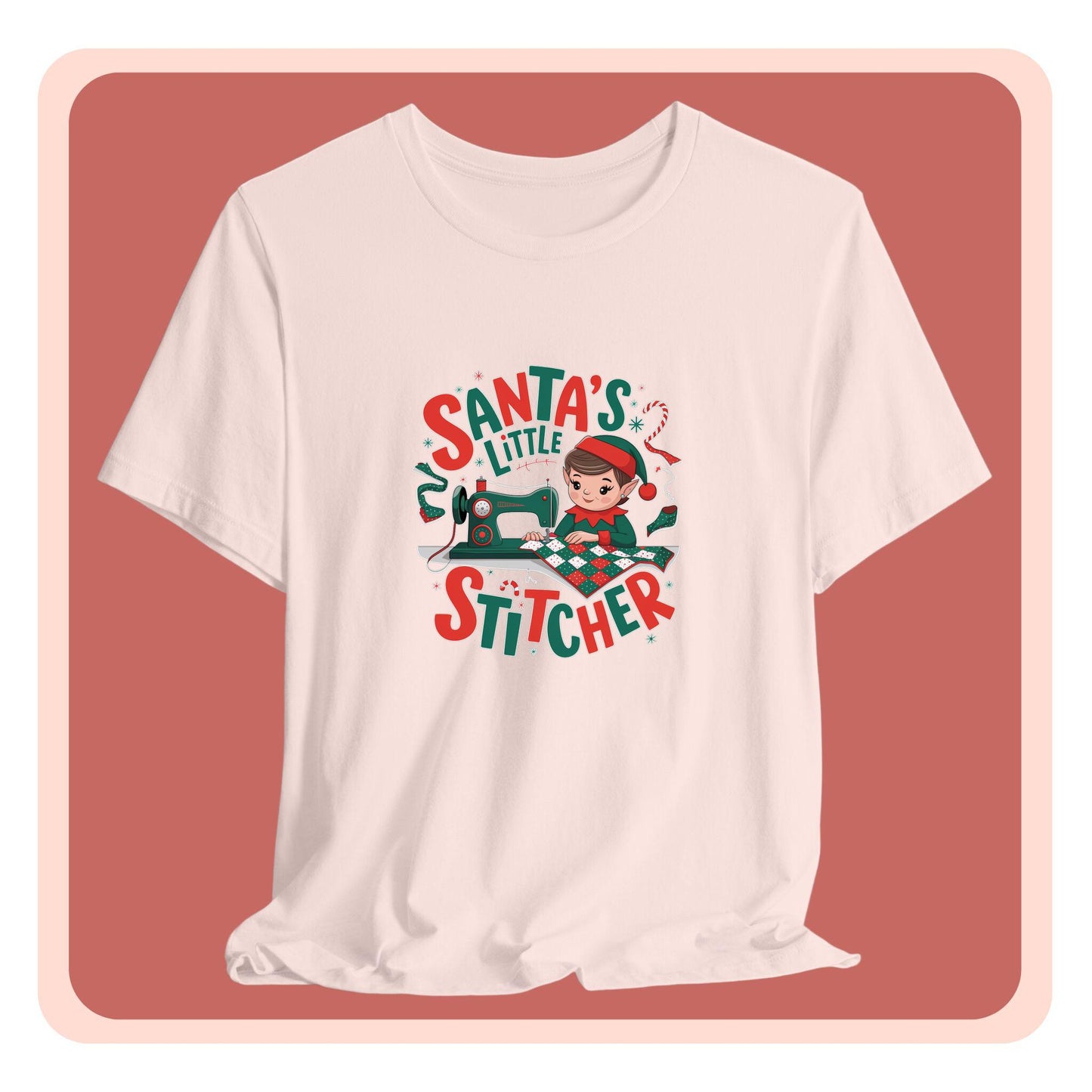 A christmas quilting t-shirt featuring an adorable elf is sewing a festive patchwork quilt on a sewing machine, surrounded by holiday-themed decorations, with the phrase "Santa's Little Stitcher" above and below the design.