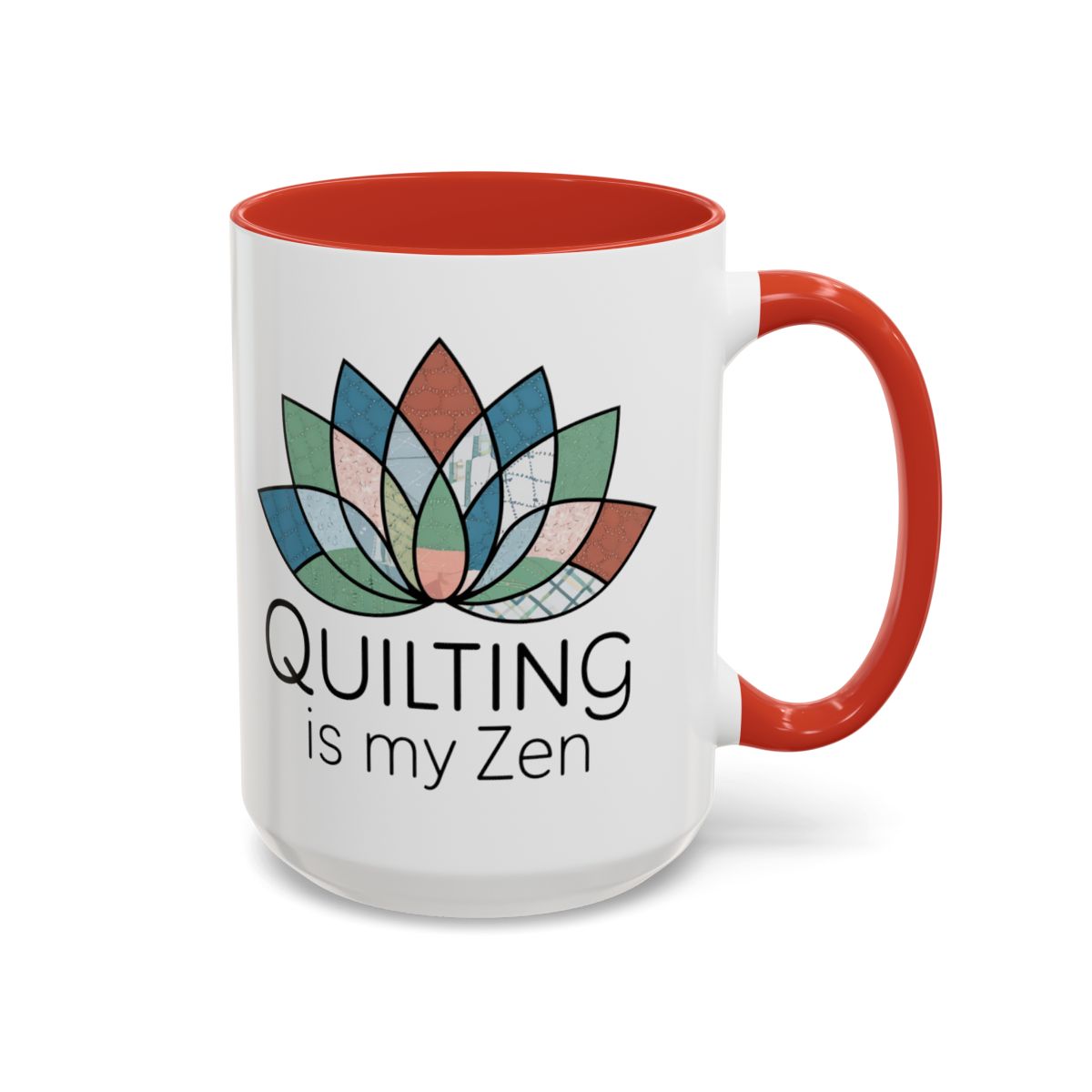 A Red funny Ceramic Mug with the phrase Quilting is my Zen on a quilting-themed t-shirt with a lotus flower design made of various quilt patterns and textures.