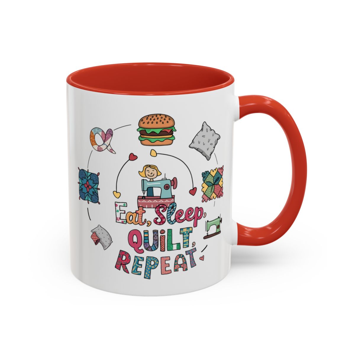 A Red funny Ceramic Mug with the phrase Eat, Sleep, Quilt, Repeat showing the cycle of a quilter's day with eating, sleeping, and quilting