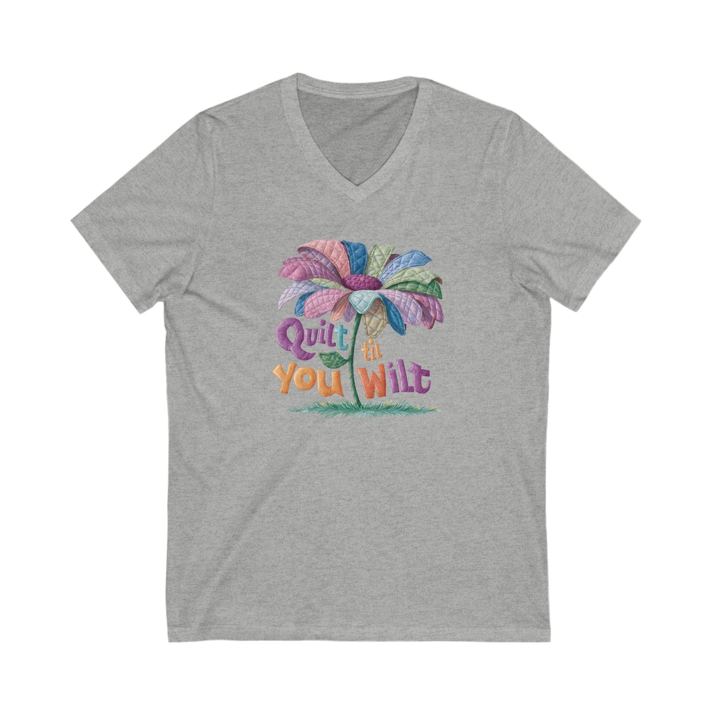 Quilt ’til You Wilt V-Neck T-Shirt – Funny Floral Quilting Tee for Dedicated Stitchers