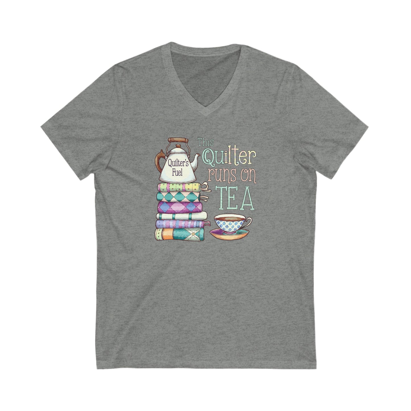 This Quilter Runs on Tea V-Neck T-Shirt – Funny Quilting Shirt for Tea-Loving Stitchers
