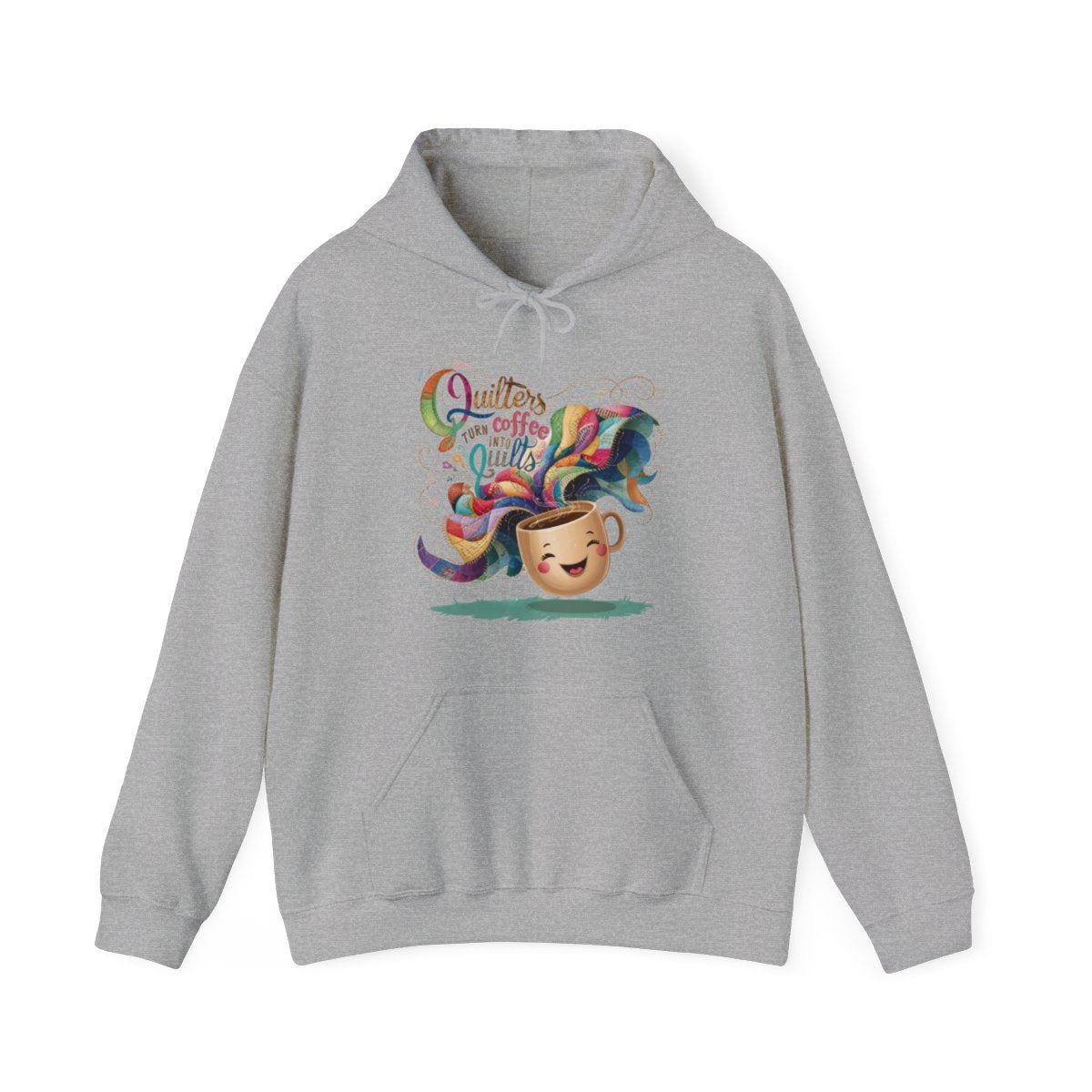 A Sport Grey funny Hoodie with the phrase Quilters Turn Coffee Into Quilts showing coffee cup and quilting design