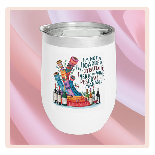 A funny quilting-inspired wine tumbler with a design of wine bottles with funny quilting related sayings,  The perfect gift for quilters.