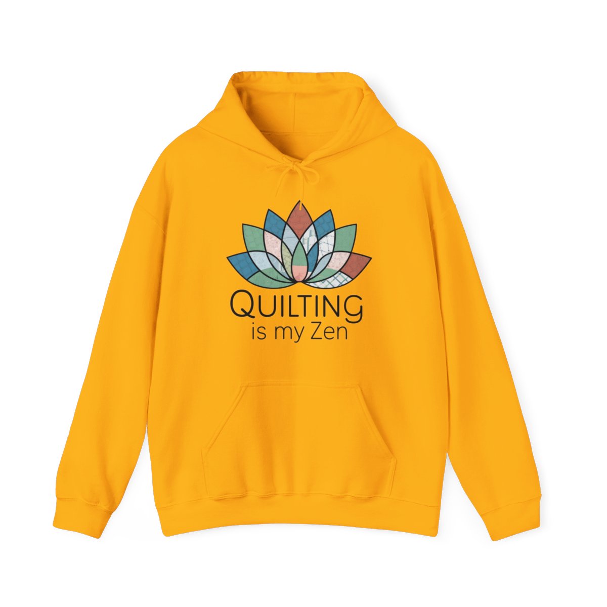 A Gold funny Hoodie with the phrase Quilting is my Zen on a quilting-themed t-shirt with a lotus flower design made of various quilt patterns and textures.