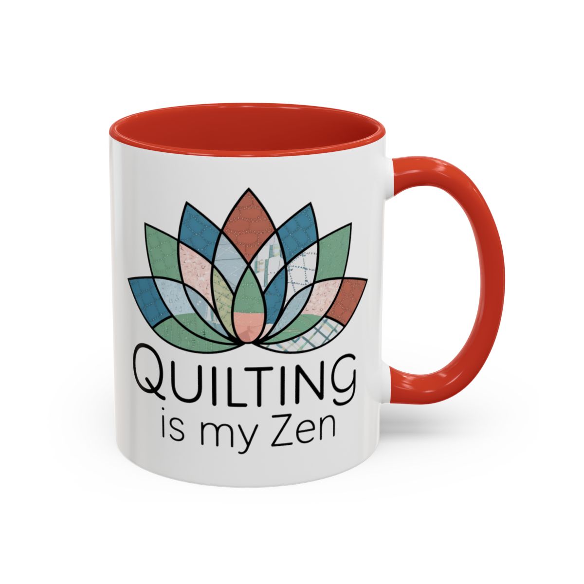 A Red funny Ceramic Mug with the phrase Quilting is my Zen on a quilting-themed t-shirt with a lotus flower design made of various quilt patterns and textures.