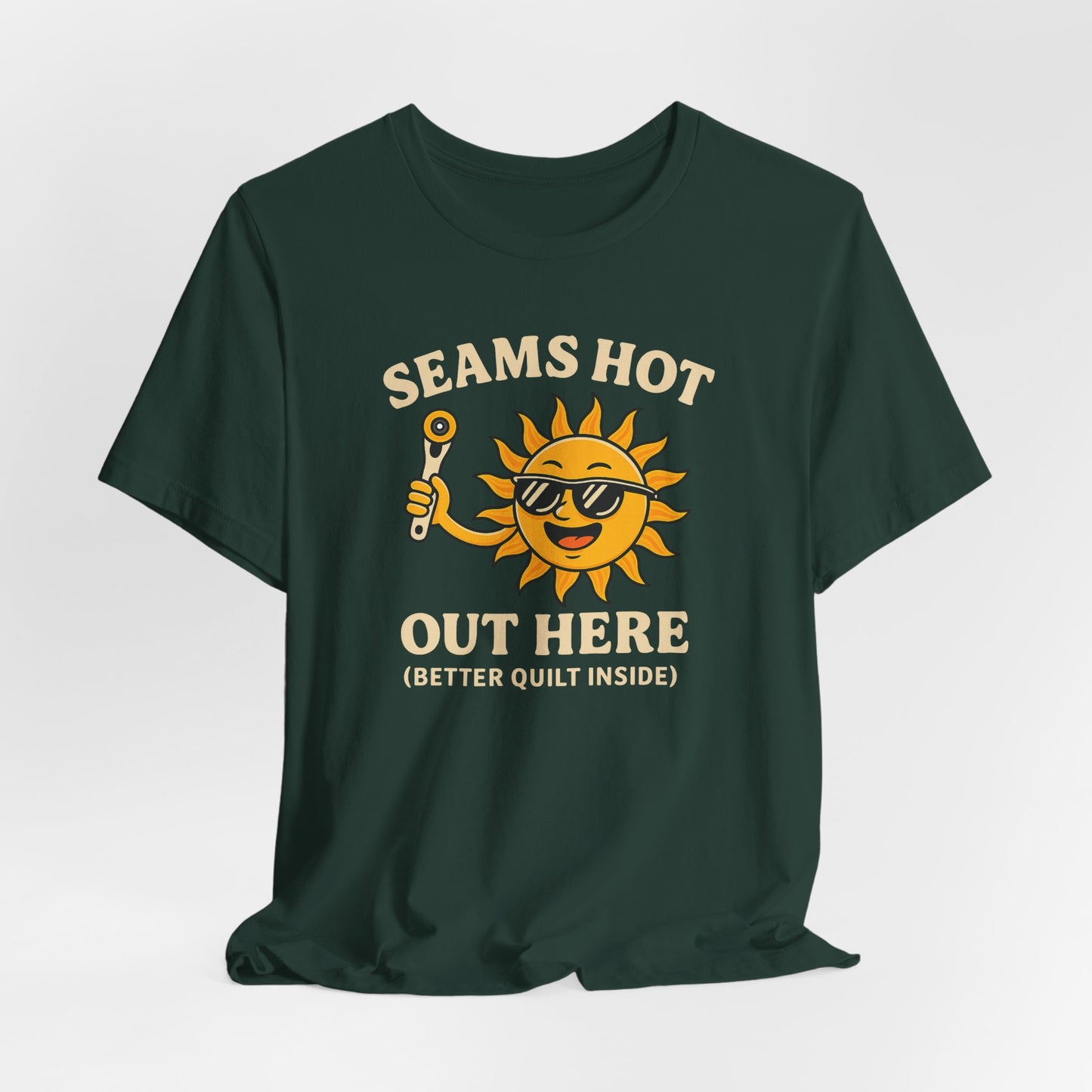 Seams Hot Out Here Funny Quilting T-Shirt – Summer Quilter Shirt with Sun Design