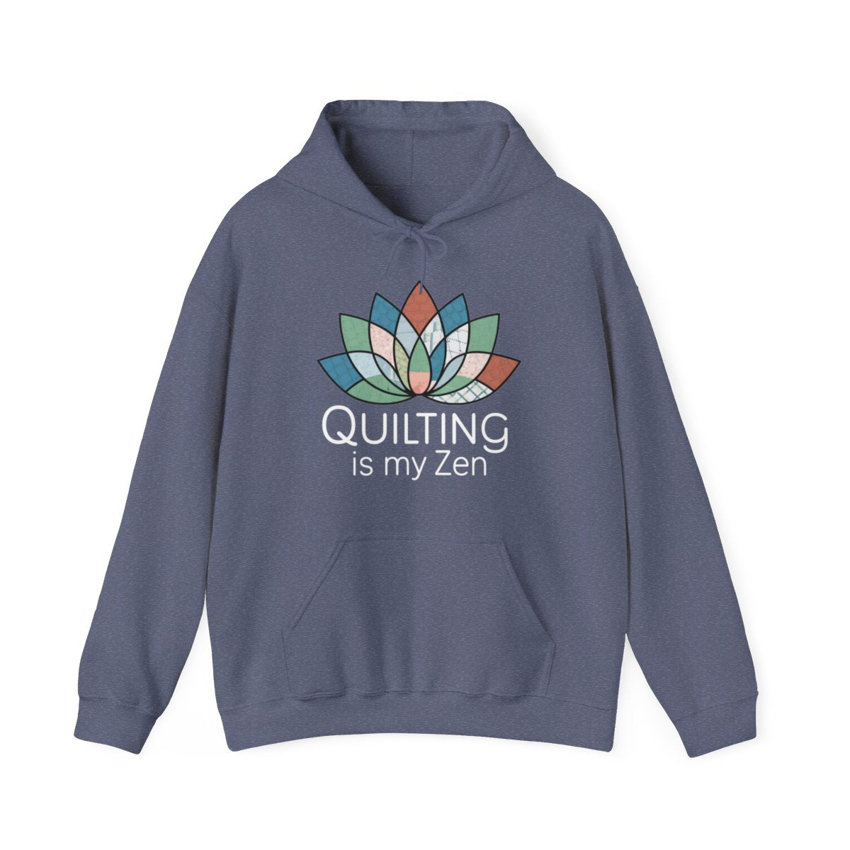 A Heather Navy funny Hoodie with the phrase Quilting is my Zen on a quilting-themed t-shirt with a lotus flower design made of various quilt patterns and textures.