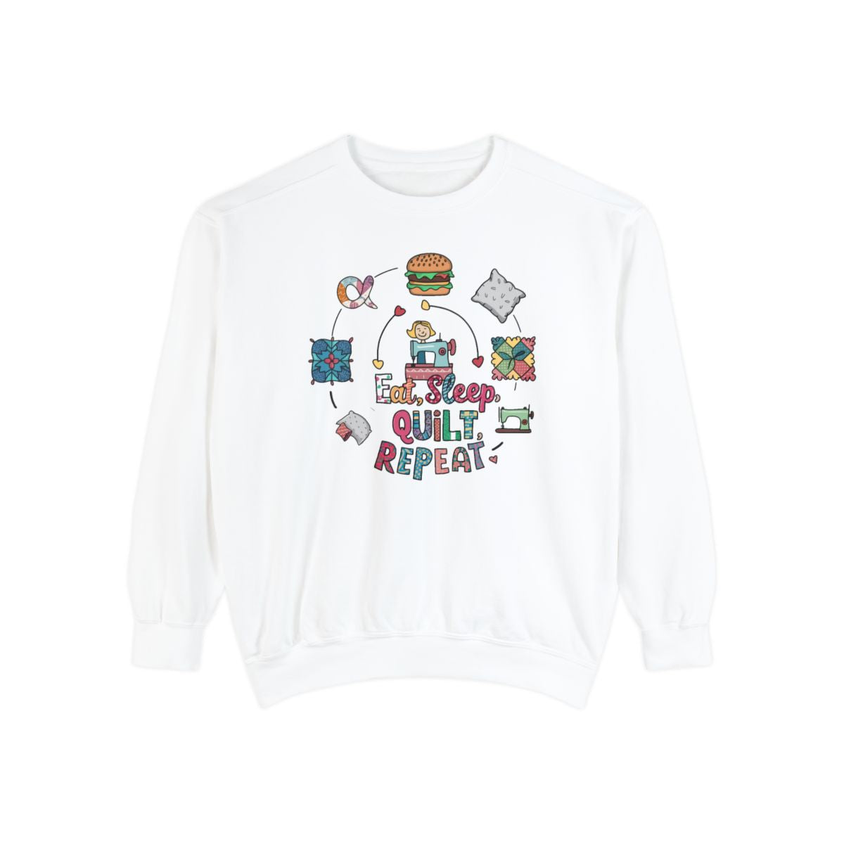 A White funny Sweatshirt with the phrase Eat, Sleep, Quilt, Repeat  showing the cycle of a quilter's day with eating, sleeping, and quilting