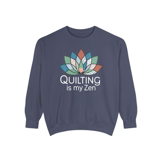 A Denim funny Sweatshirt with the phrase Quilting is my Zen on a quilting-themed t-shirt with a lotus flower design made of various quilt patterns and textures.