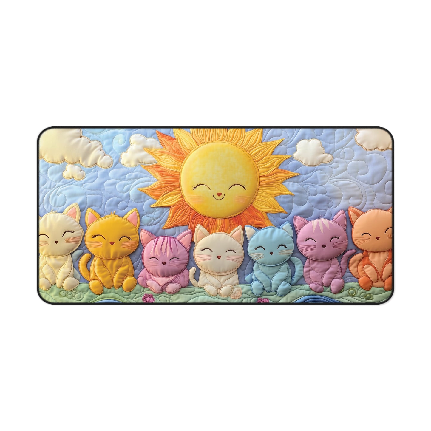 Sunny Cats Quilting Deskpad – Non-Slip Sewing Machine Mat with Adorable Quilt-Style Kitties