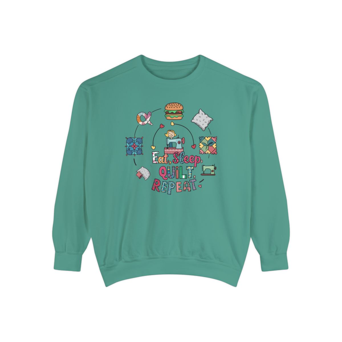 A Light Green funny Sweatshirt with the phrase Eat, Sleep, Quilt, Repeat  showing the cycle of a quilter's day with eating, sleeping, and quilting