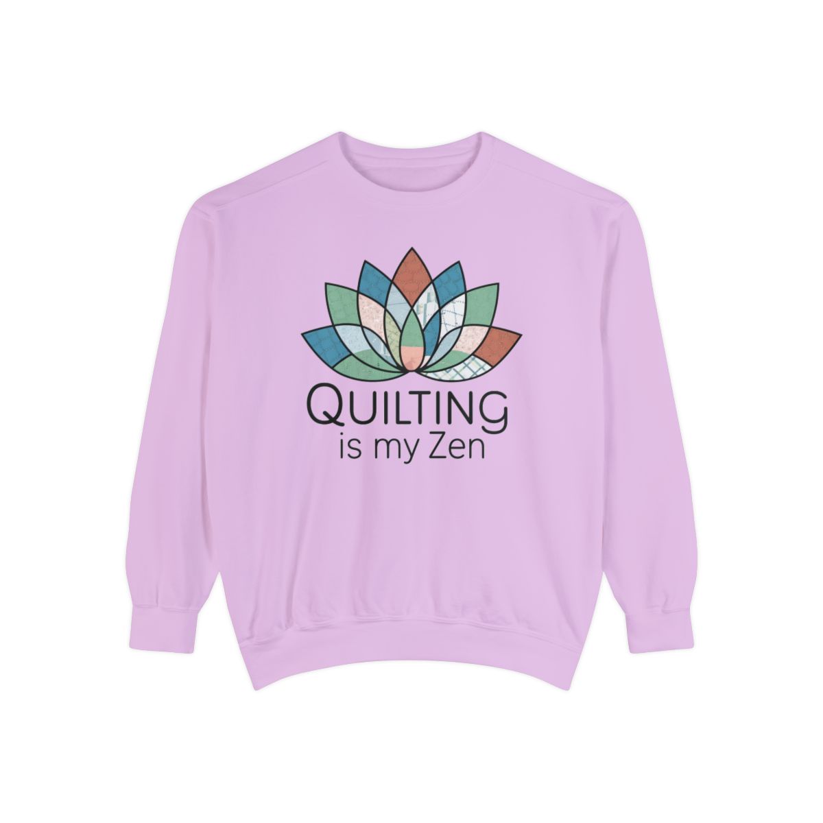 An Orchid funny Sweatshirt with the phrase Quilting is my Zen on a quilting-themed t-shirt with a lotus flower design made of various quilt patterns and textures.