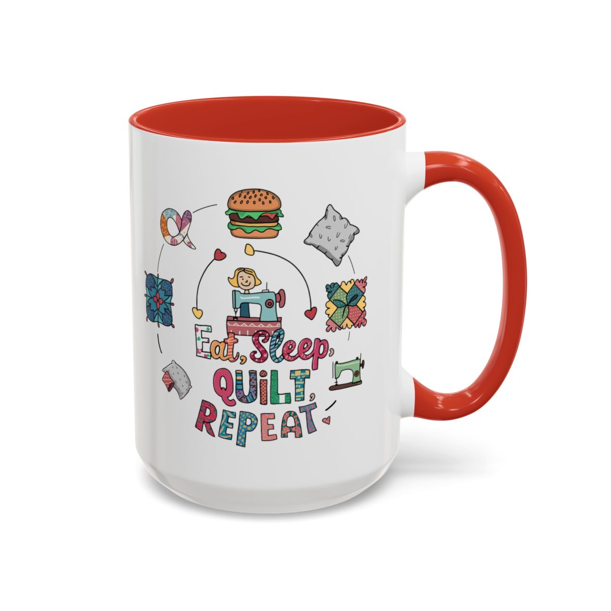 A Red funny Ceramic Mug with the phrase Eat, Sleep, Quilt, Repeat showing the cycle of a quilter's day with eating, sleeping, and quilting