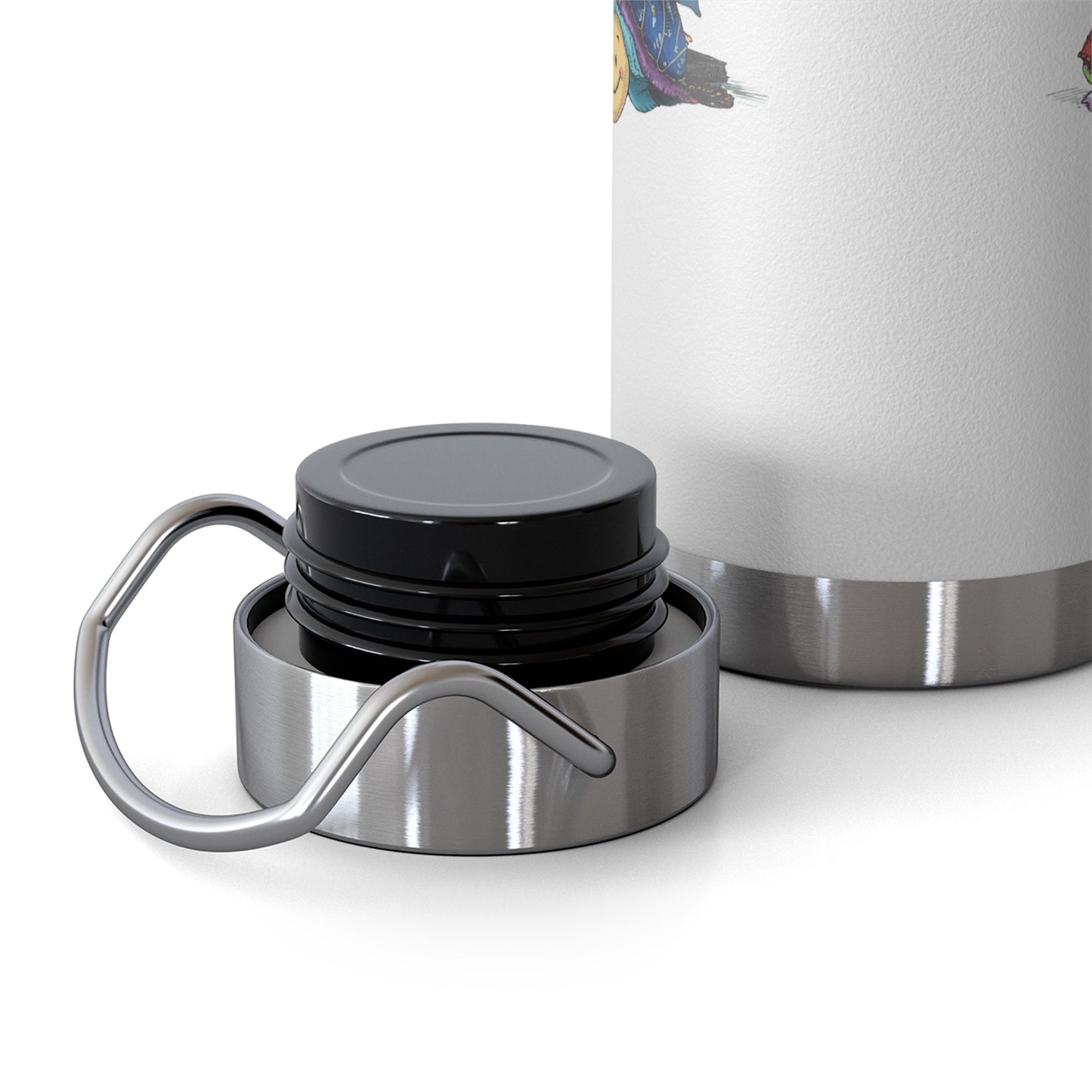 A funny quilting-inspired Insulated Bottle with a cute illustration showing a happy face under a pile of multicolored fabric pieces. Hand-lettered text says "Can't Live Without Fabric". The fabrics display various patterns and textures.