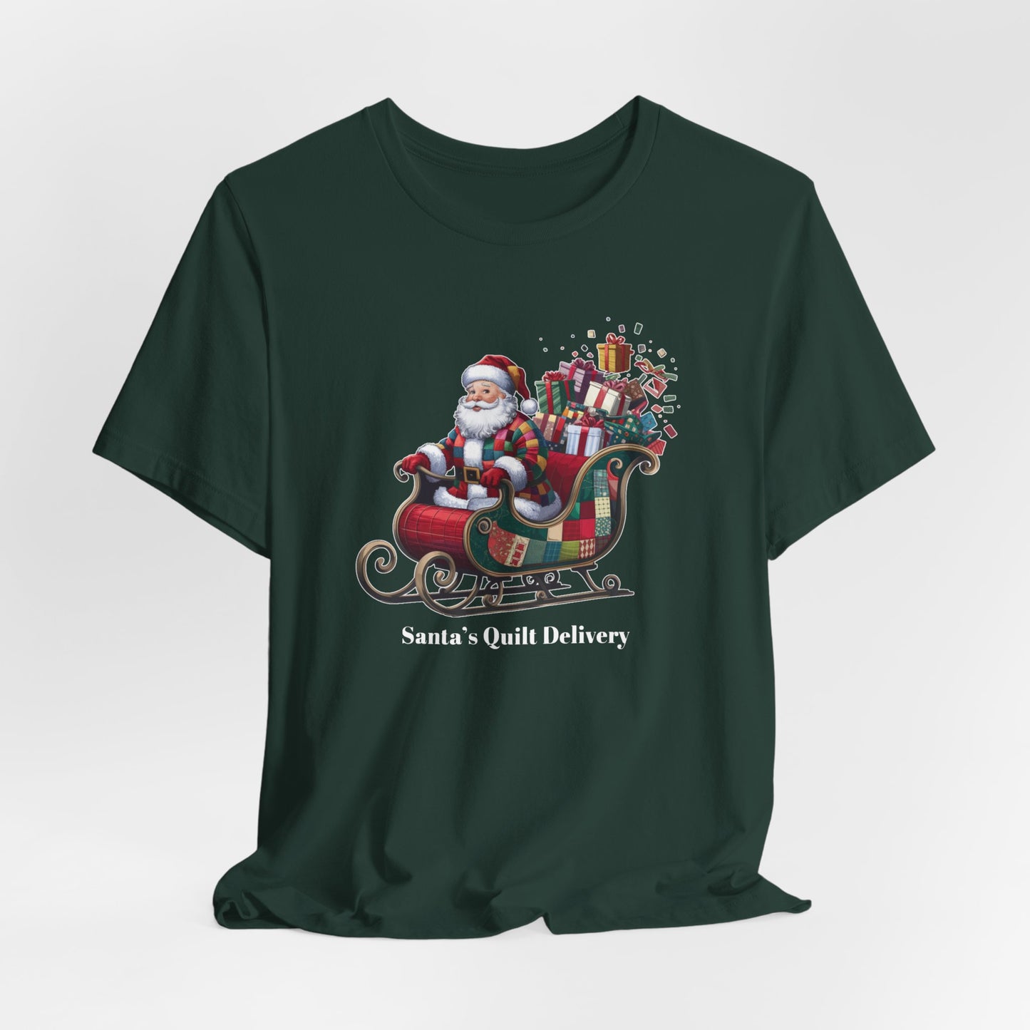 A Forest christmas quilting t-shirt featuring Santa Claus wearing a patchwork quilt coat, sitting in a sleigh filled with gifts and quilts, with the phrase "Santa's Quilt Delivery" below, combining holiday cheer and quilting fun.