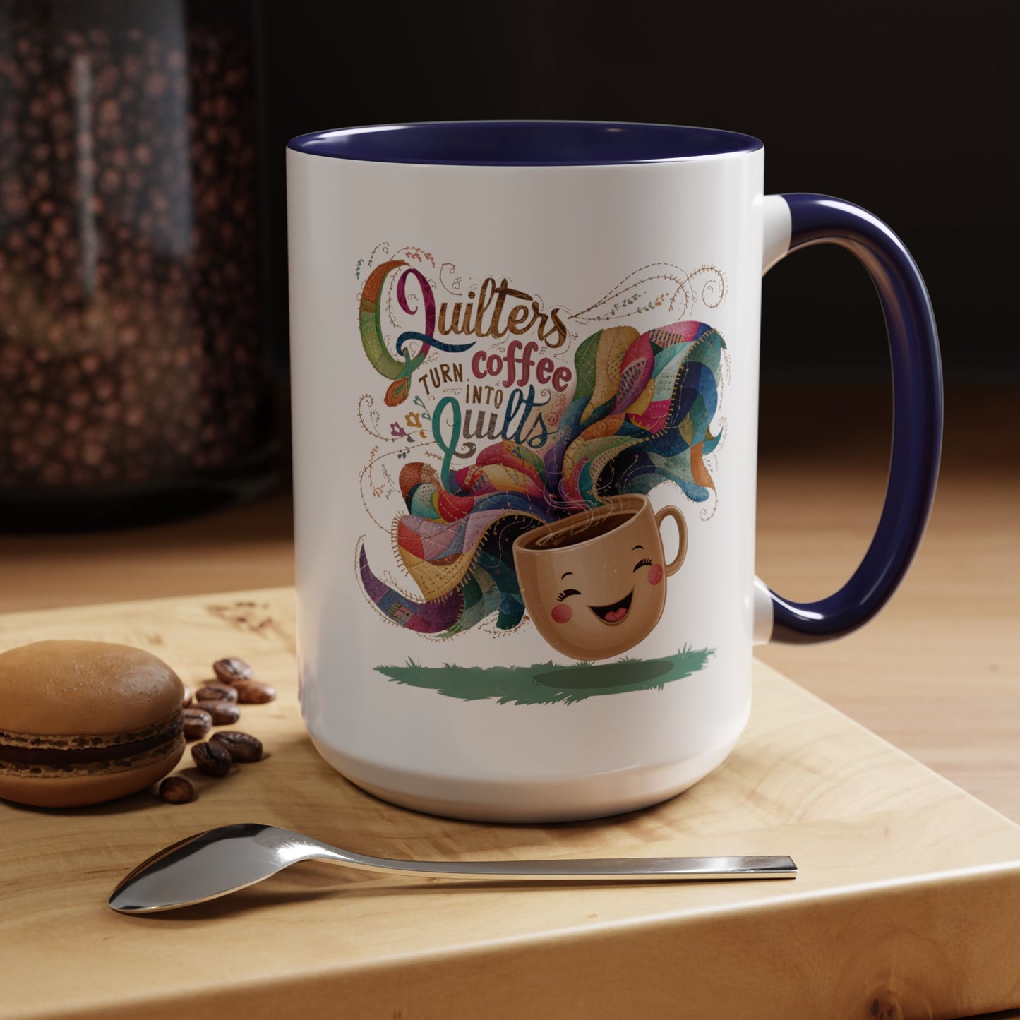 A funnyny Ceramic Mug with the phrase Quilters Turn Coffee Into Quilts showing A funny coffee cup and quilting design