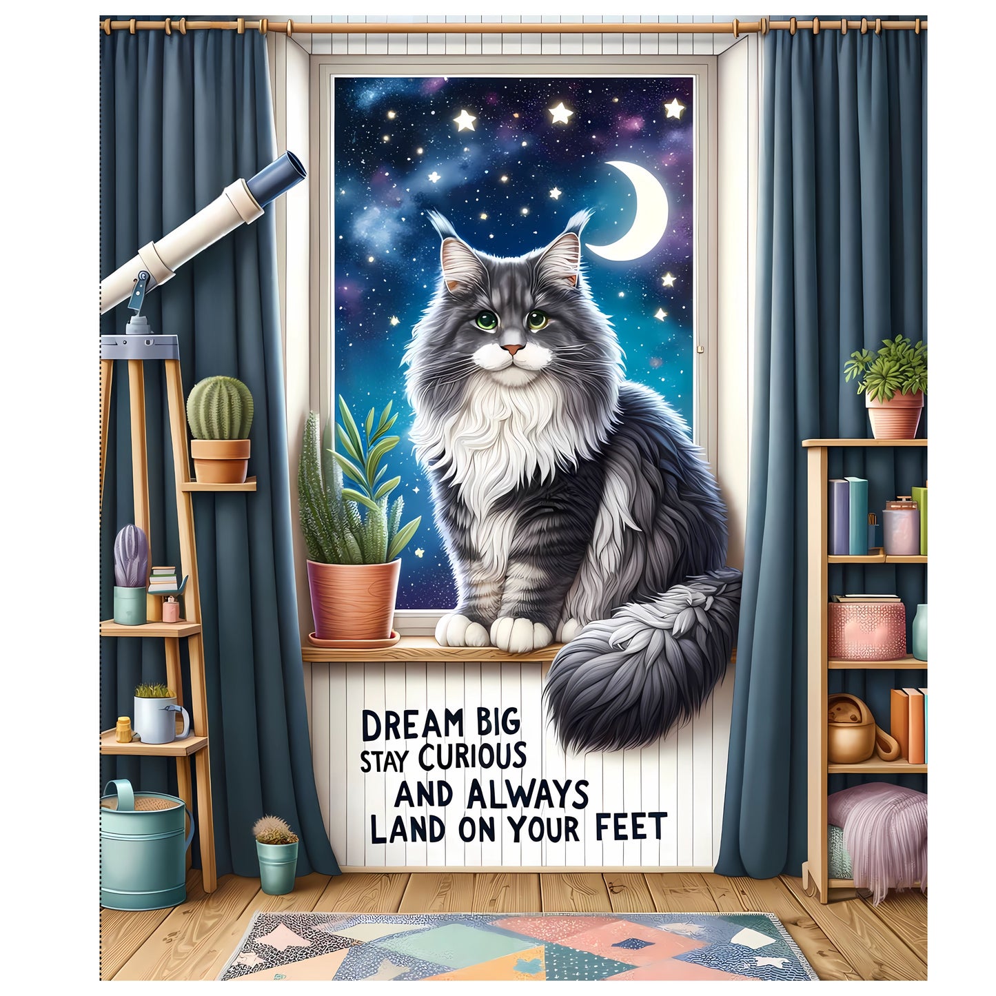 Dream Big Cat Quilt Panel – Maine Coon's Delightful Fabric Panel with Pattern