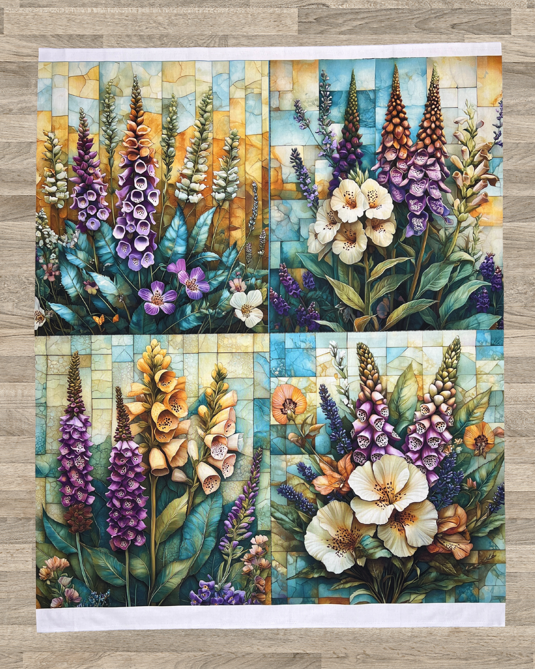 Foxglove & Lavender Botanical Quilt Panel – Set of 4 Blocks | 100% Cotton (36" x 42")