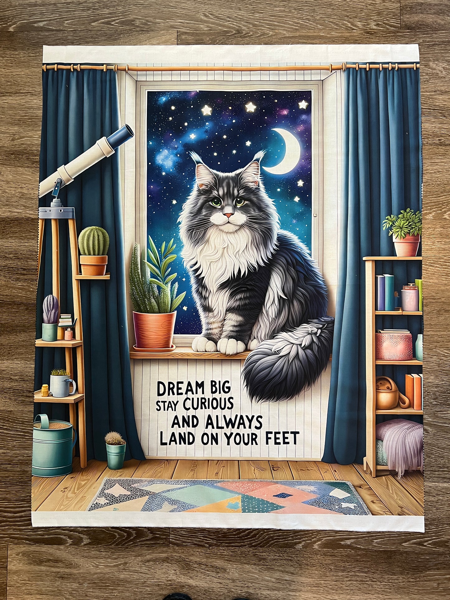 Dream Big Cat Quilt Panel – Maine Coon's Delightful Fabric Panel with Pattern