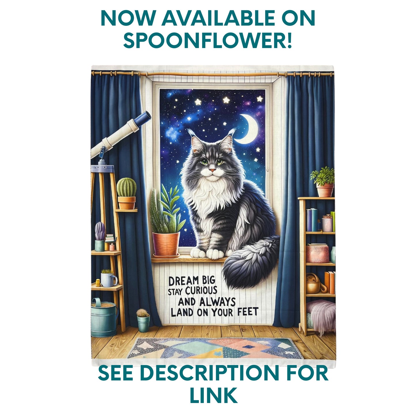 Dream Big Cat Quilt Panel – Maine Coon's Delightful Fabric Panel with Pattern