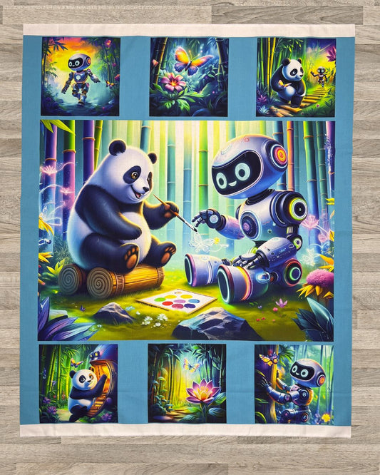 Panda & Robot Quilt Panel – Stitched Together Friendship Story Panel for Quilters
