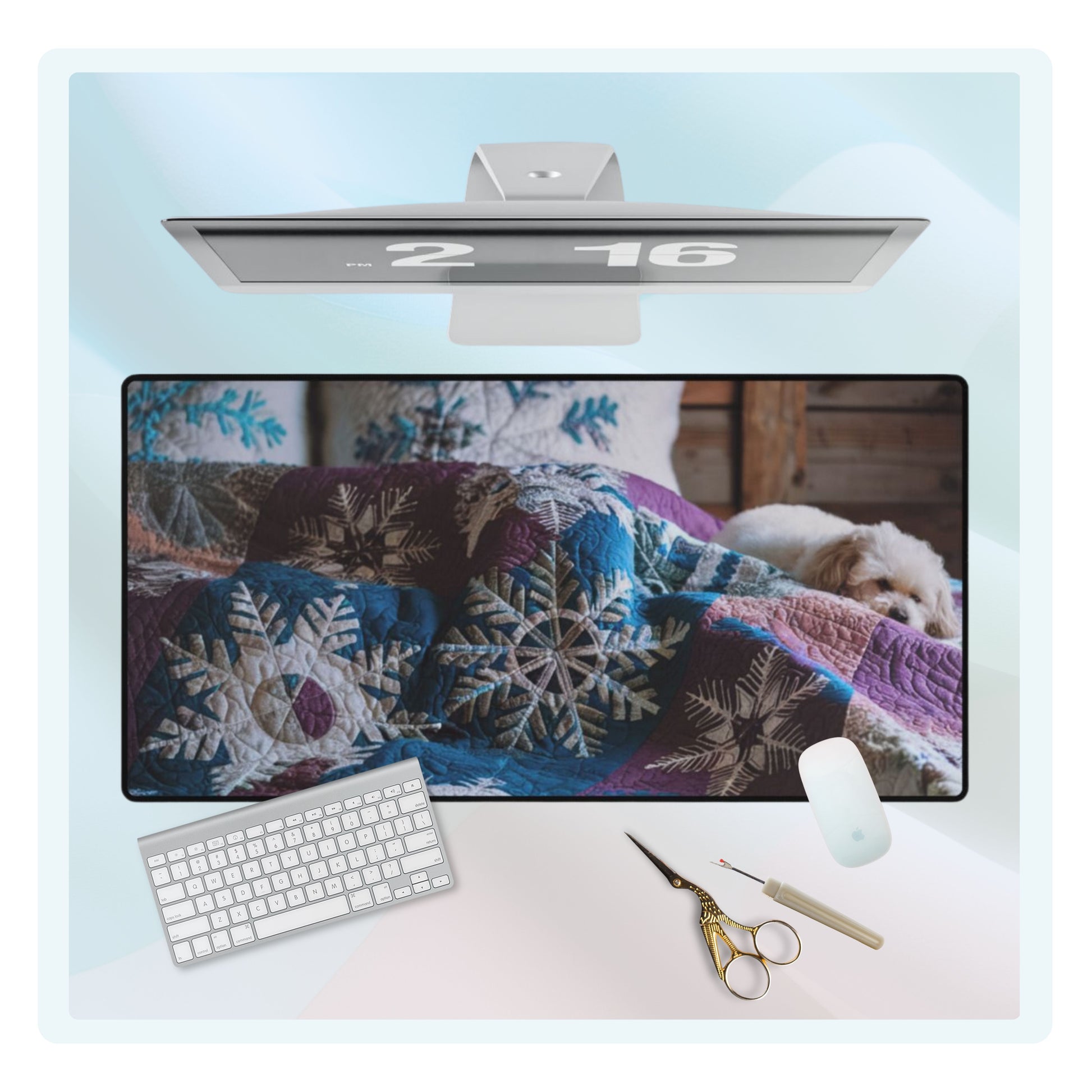 A quilting inspired Desk pad featuring a small white dog curled up on a winter-themed quilt. The quilt displays intricate snowflake patterns in shades of blue, purple, and white, creating a cozy and calming winter scene for your workspace. Perfect gift for quilters.