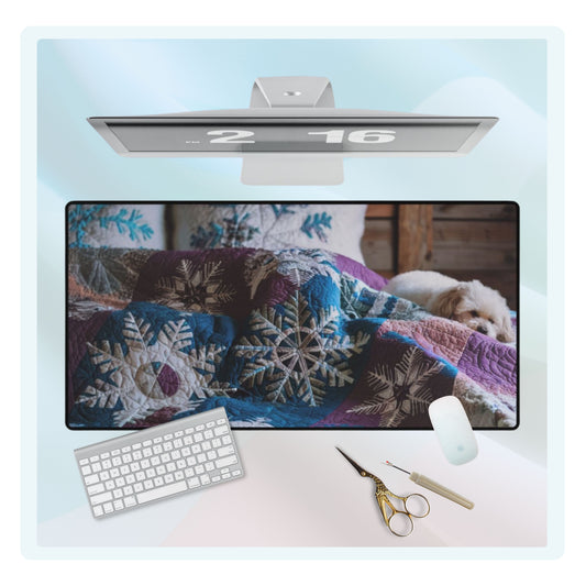 A quilting inspired Desk pad featuring a small white dog curled up on a winter-themed quilt. The quilt displays intricate snowflake patterns in shades of blue, purple, and white, creating a cozy and calming winter scene for your workspace. Perfect gift for quilters.